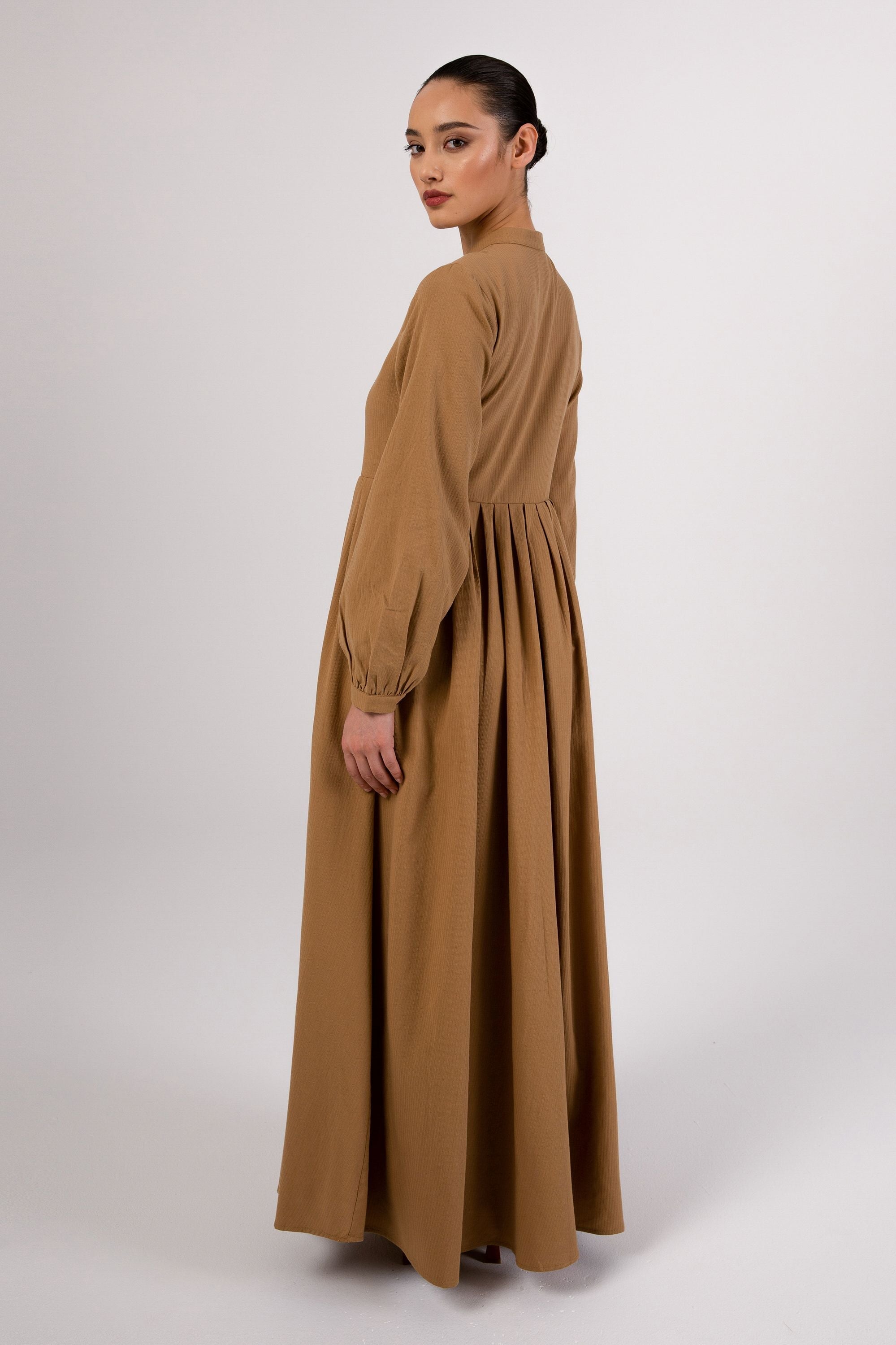 Mona Asymmetric Pleat Front Maxi Dress - Brown Curry Veiled Collection 