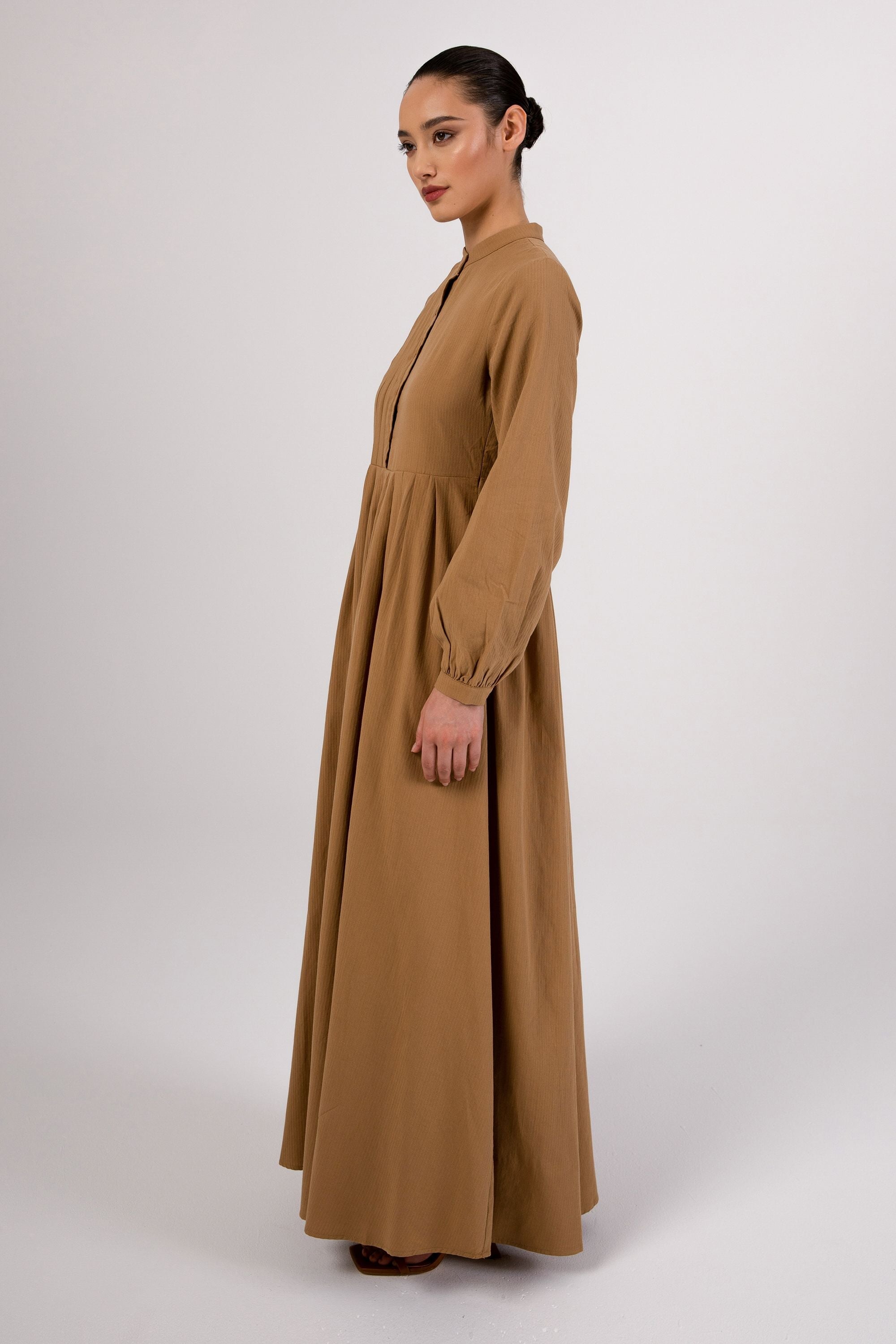 Mona Asymmetric Pleat Front Maxi Dress - Brown Curry Veiled Collection 