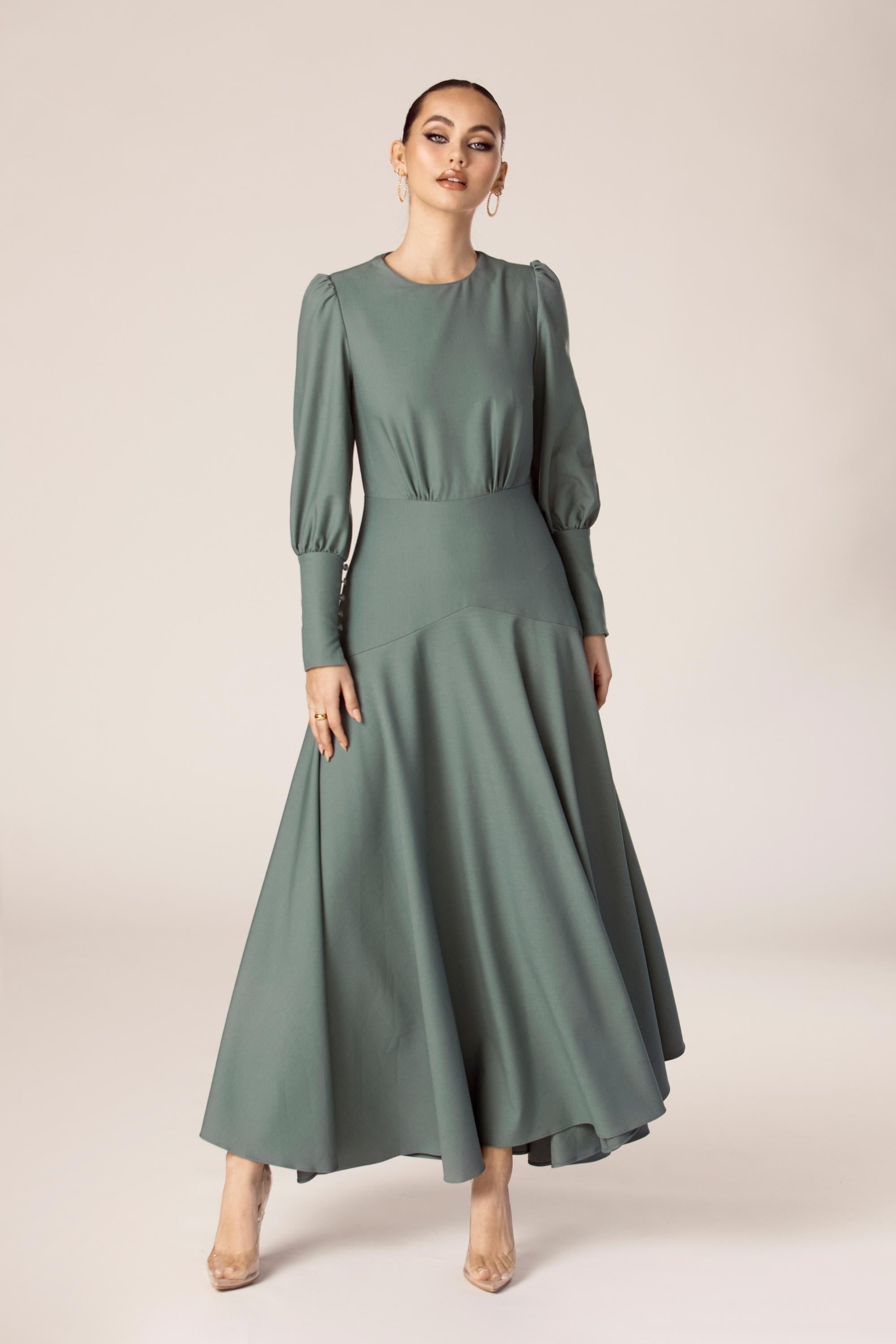 Naida Flounce Maxi Dress - Dark Sea Green Veiled Collection 