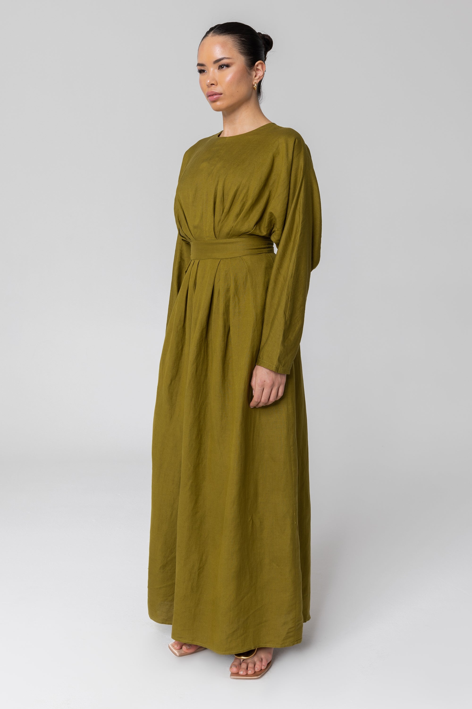 Nasira Linen Pleat Waist Maxi Dress - Avocado (Green Moss) Veiled 