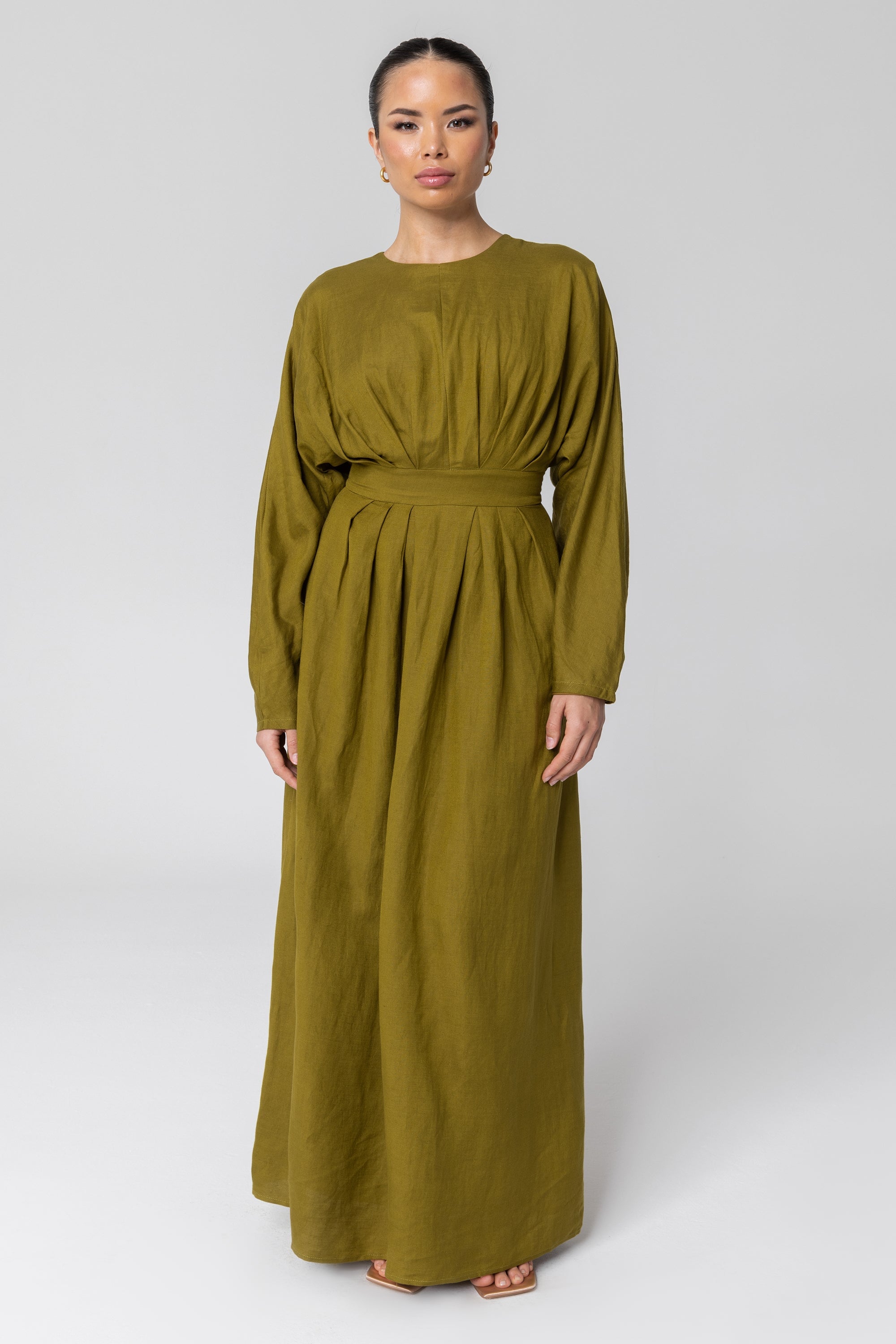 Nasira Linen Pleat Waist Maxi Dress - Avocado (Green Moss) Veiled 