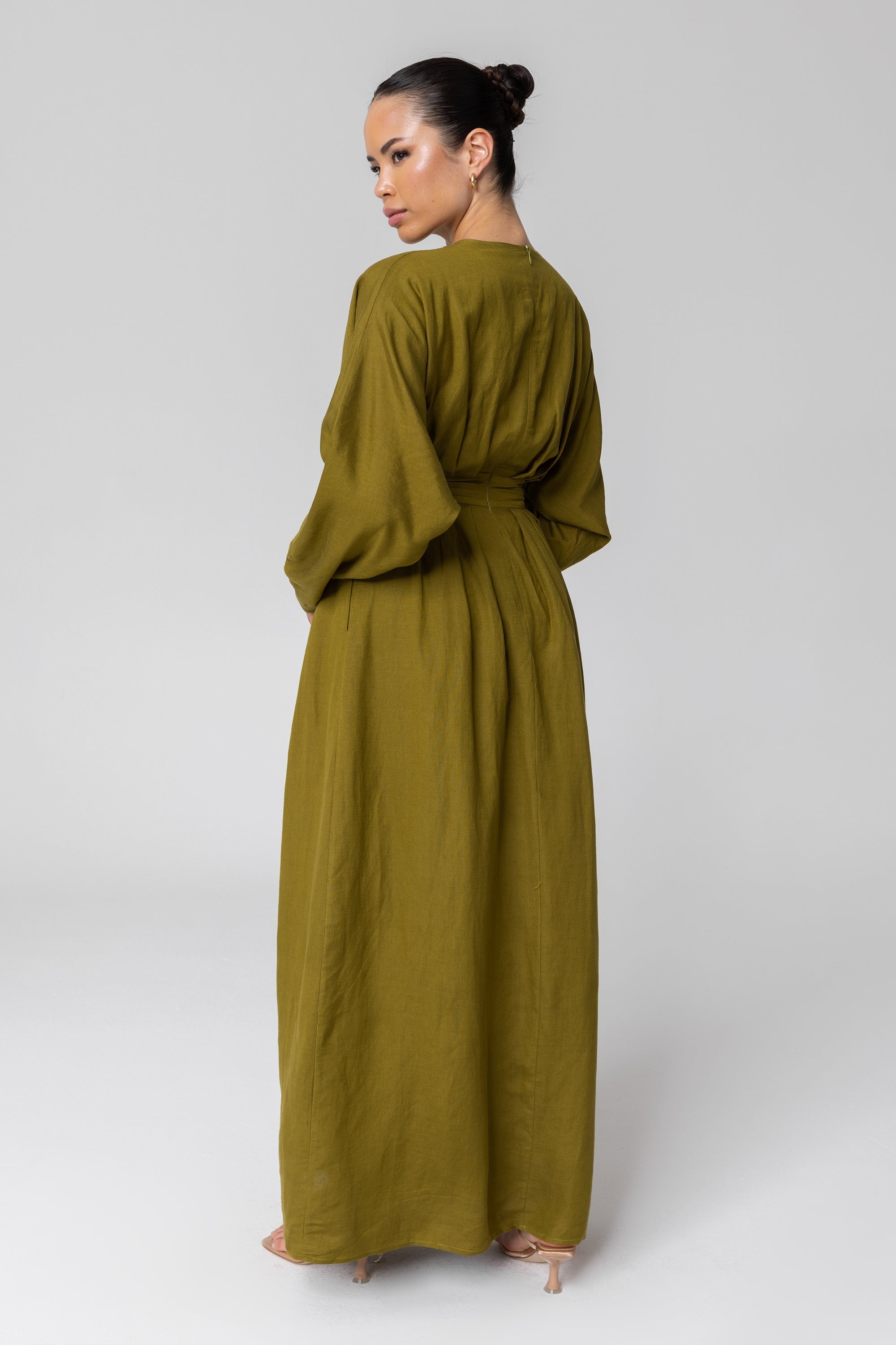 Nasira Linen Pleat Waist Maxi Dress - Avocado (Green Moss) Veiled 