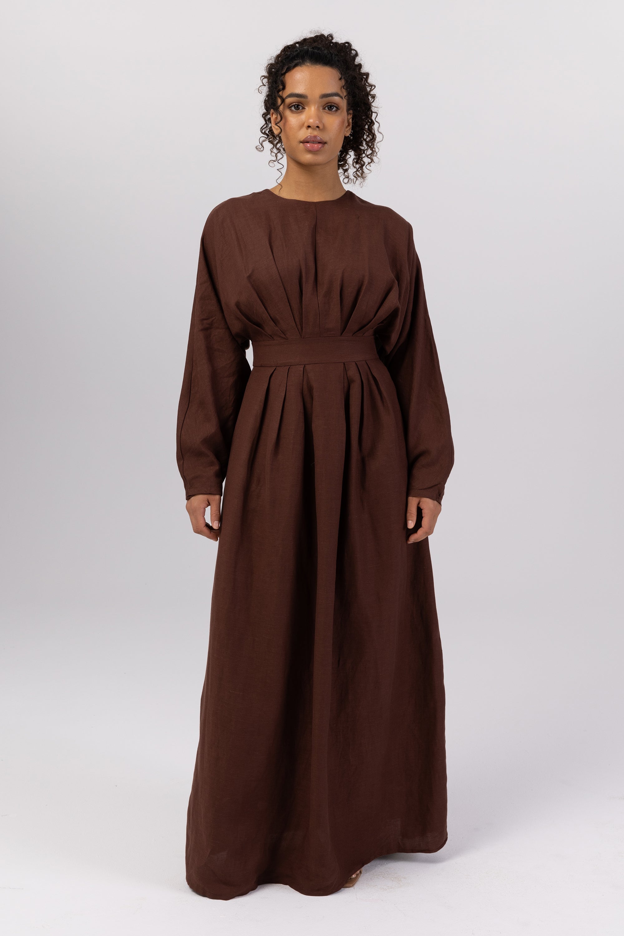 Nasira Linen Pleat Waist Maxi Dress - Brown Veiled 