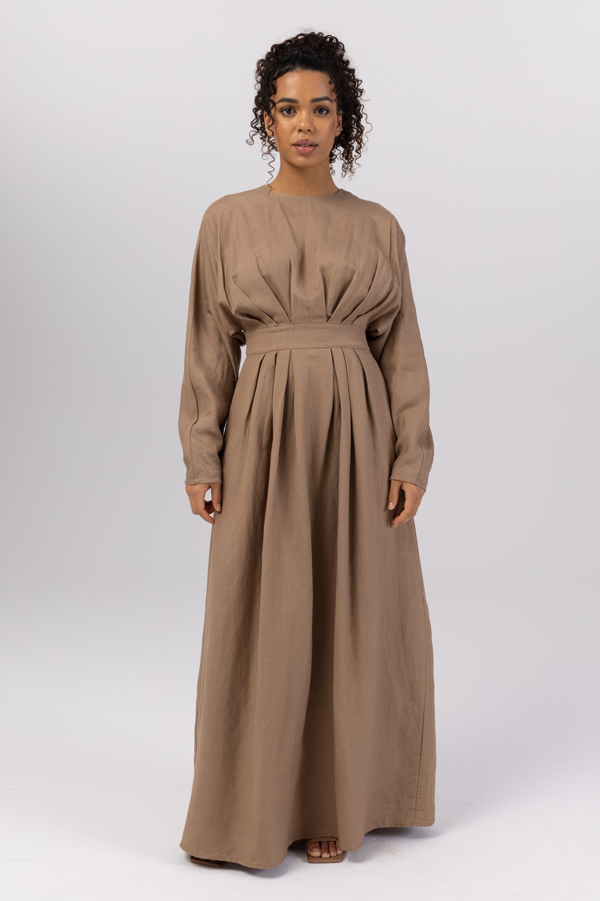 Nasira Linen Pleat Waist Maxi Dress - Latte (Grey) Veiled 