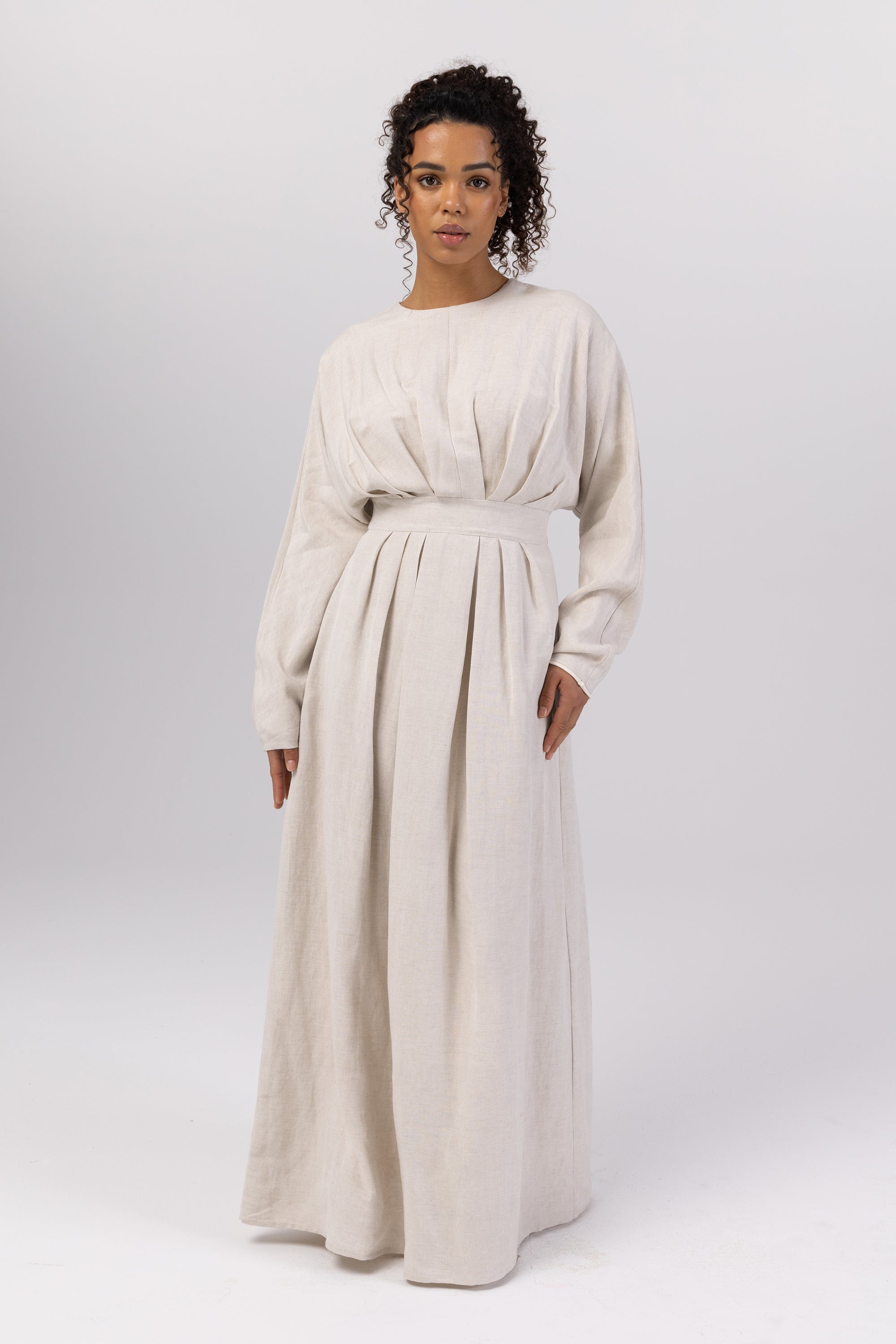 Nasira Linen Pleat Waist Maxi Dress - Off White (Light Grey) Veiled 