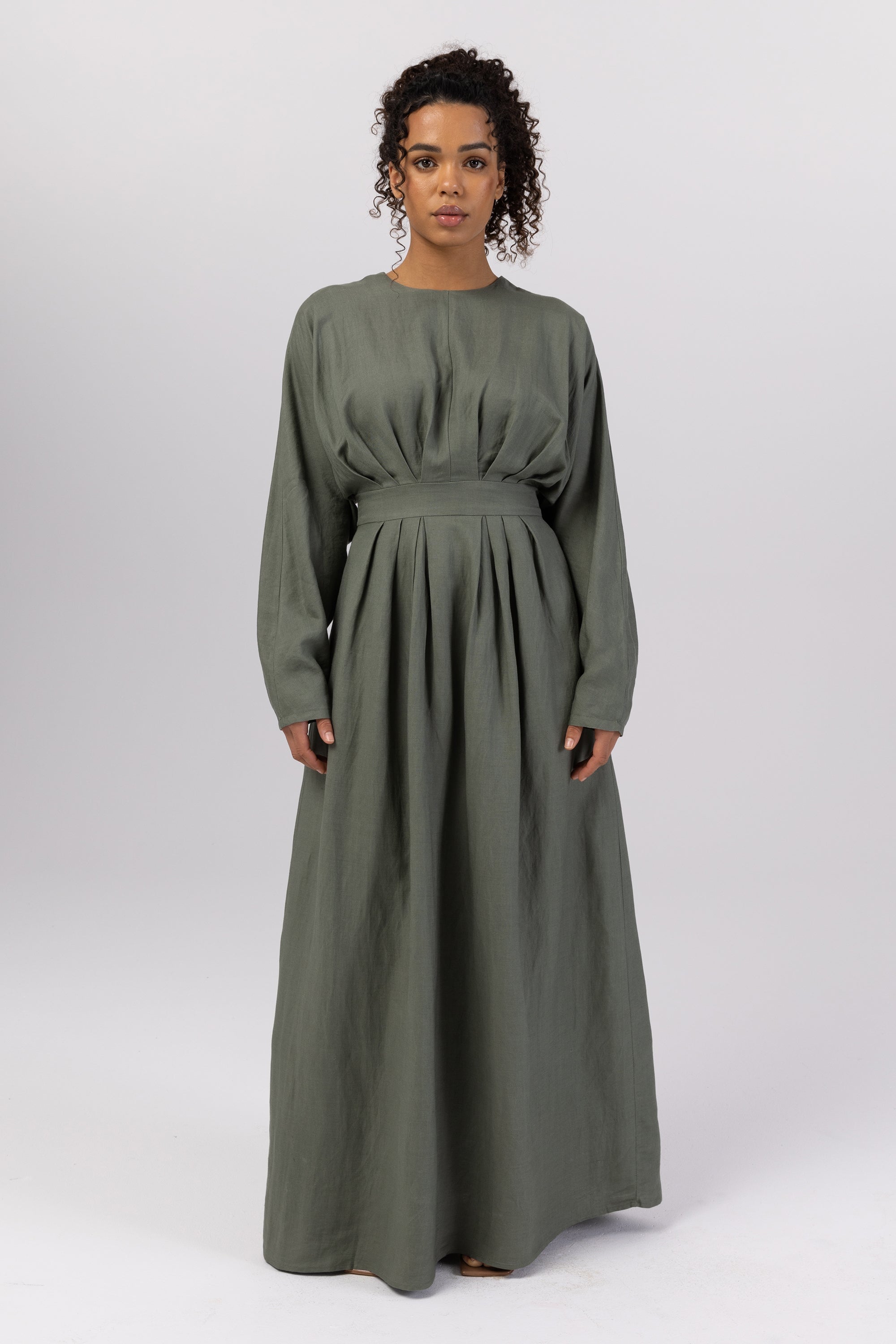 Nasira Linen Pleat Waist Maxi Dress - Sage Veiled 