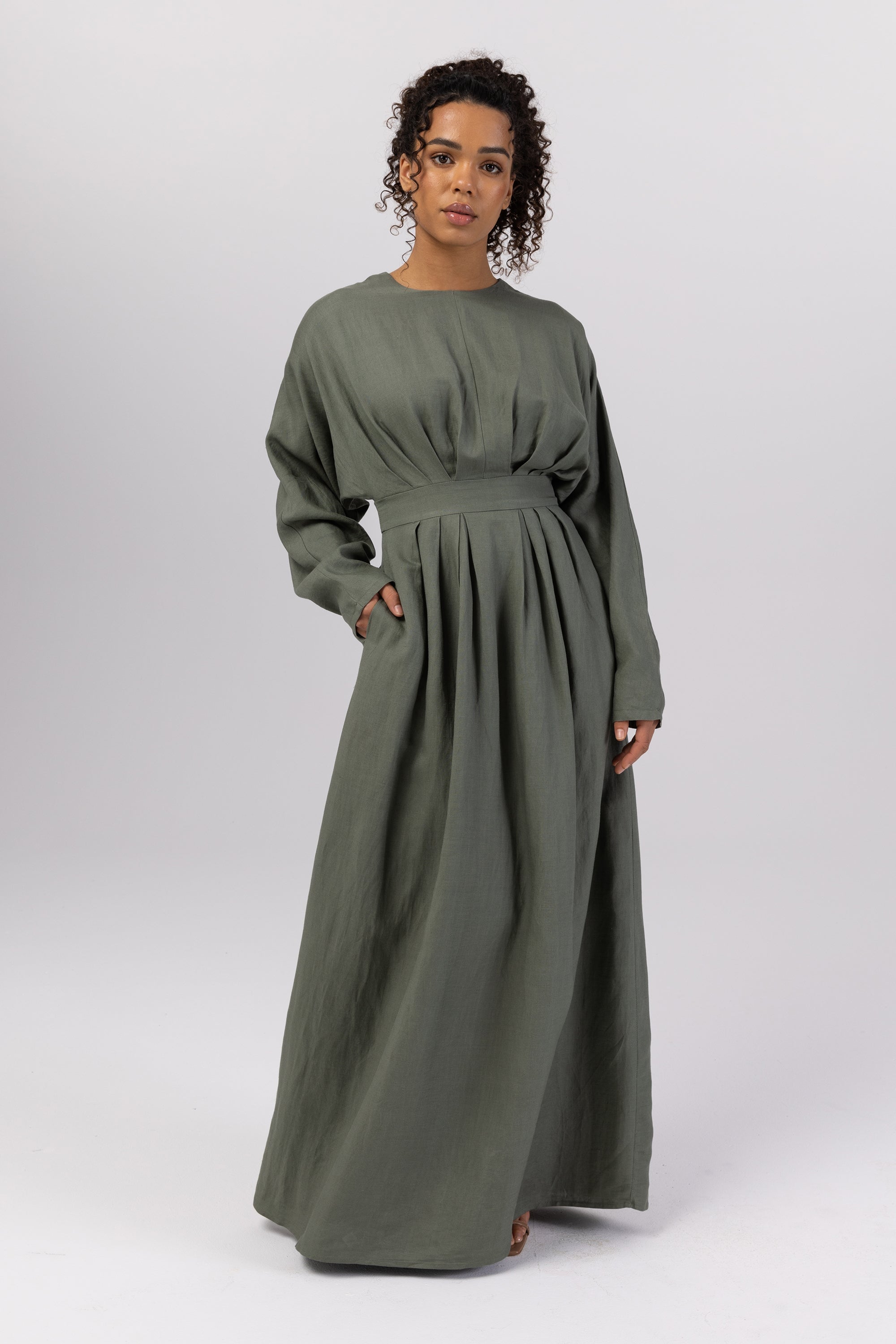 Nasira Linen Pleat Waist Maxi Dress - Sage Veiled 