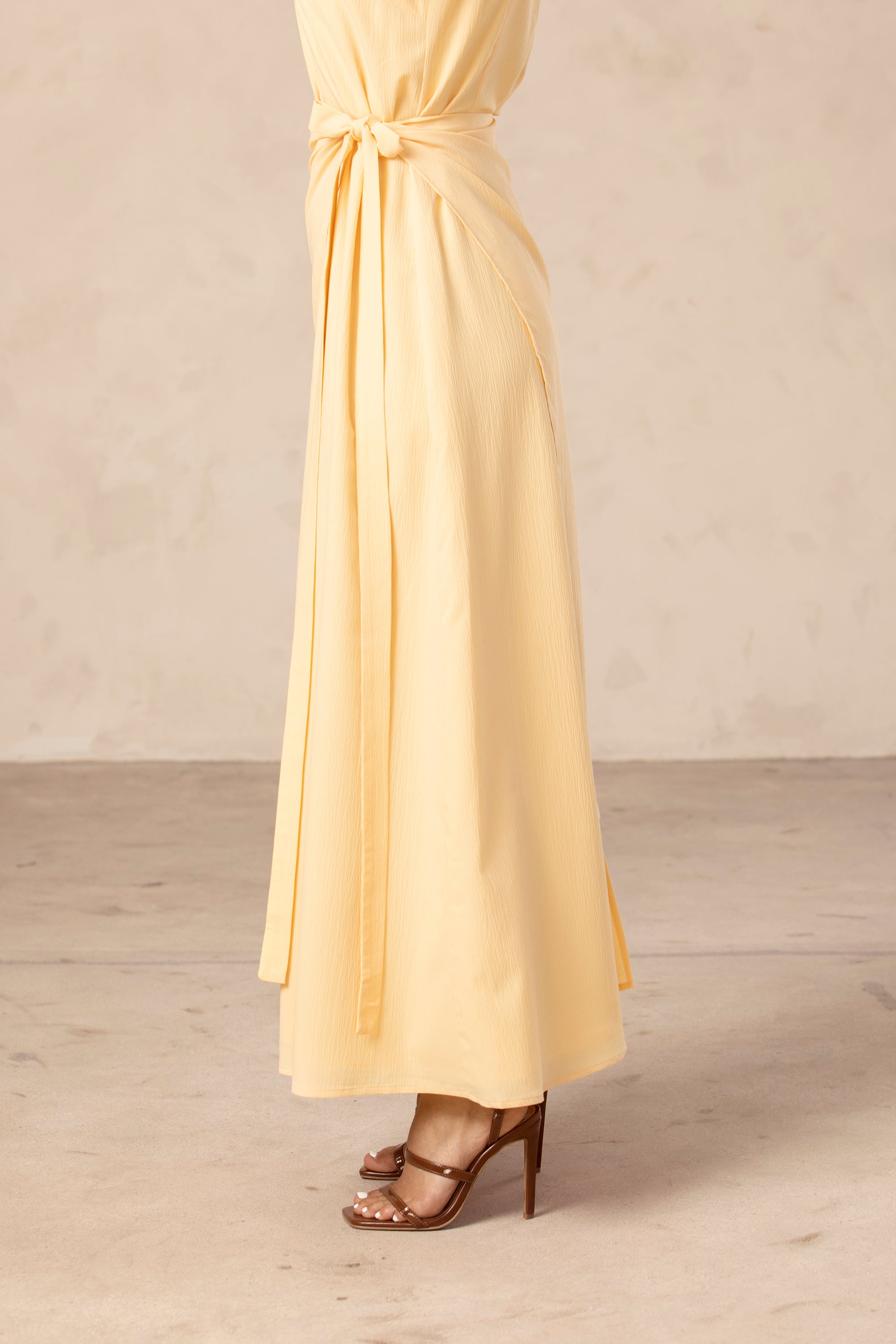 Noora Textured Three Piece Abaya Set - Citrus Yellow Veiled Collection 