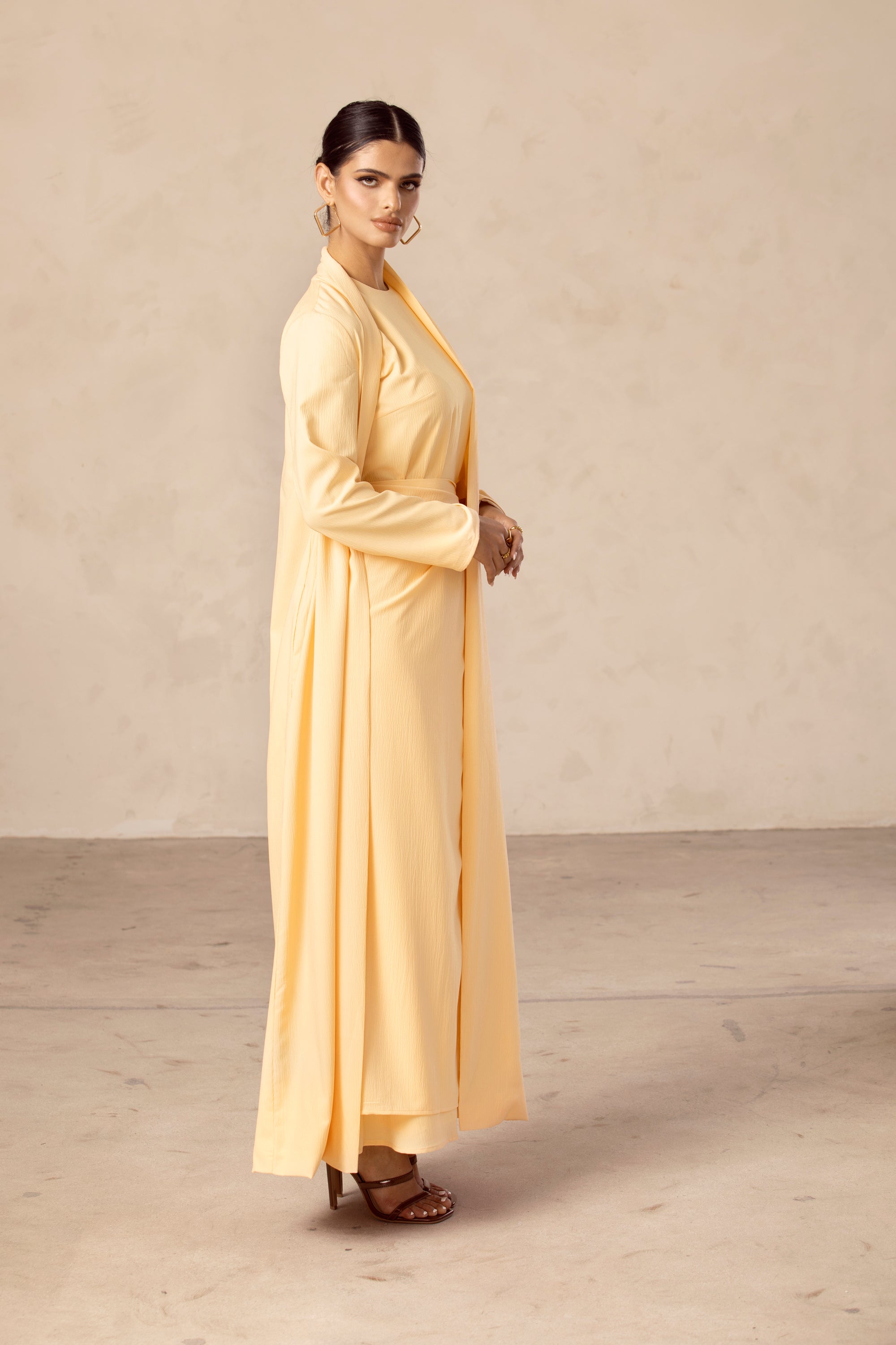 Noora Textured Three Piece Abaya Set - Citrus Yellow Veiled Collection 