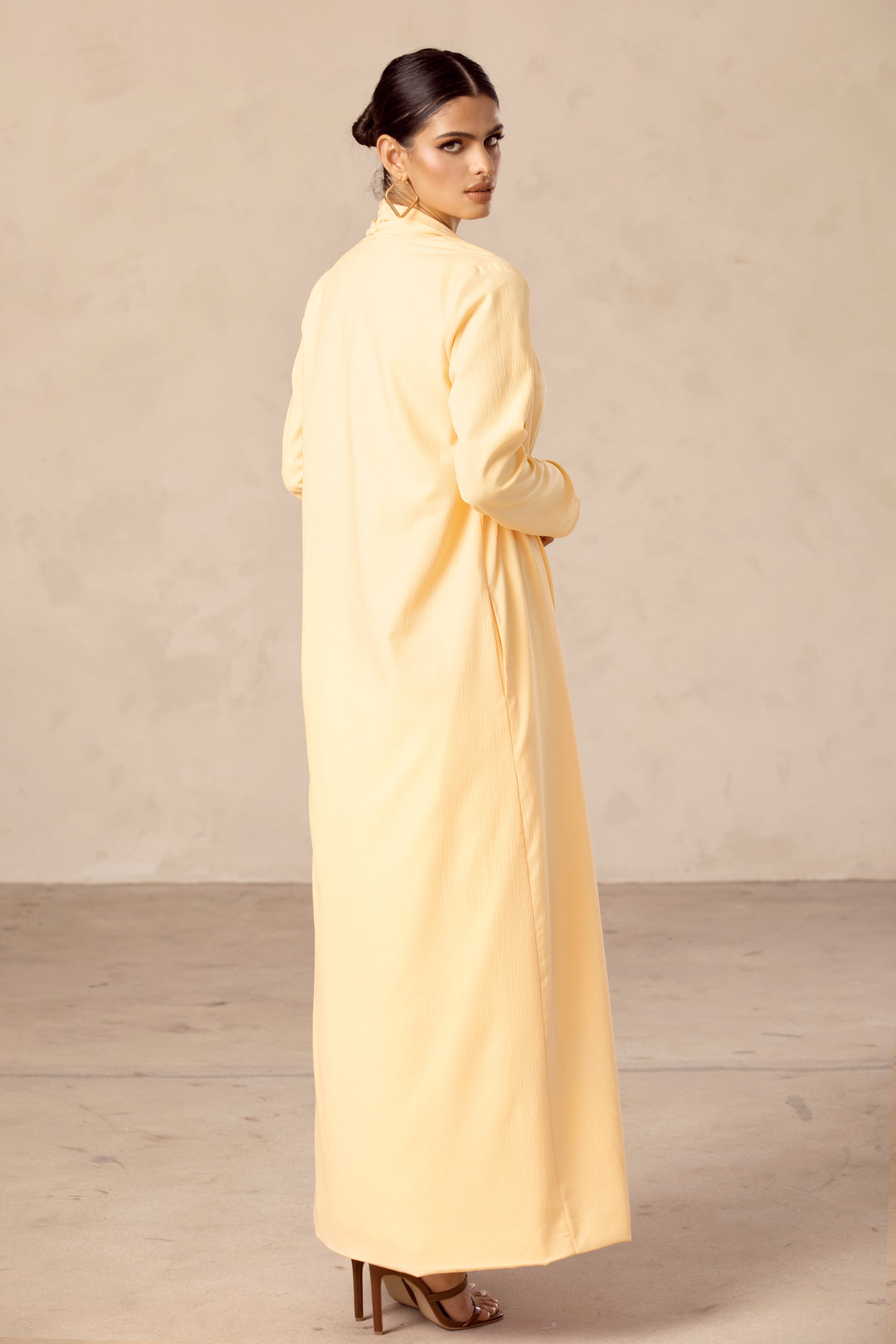 Noora Textured Three Piece Abaya Set - Citrus Yellow Veiled Collection 