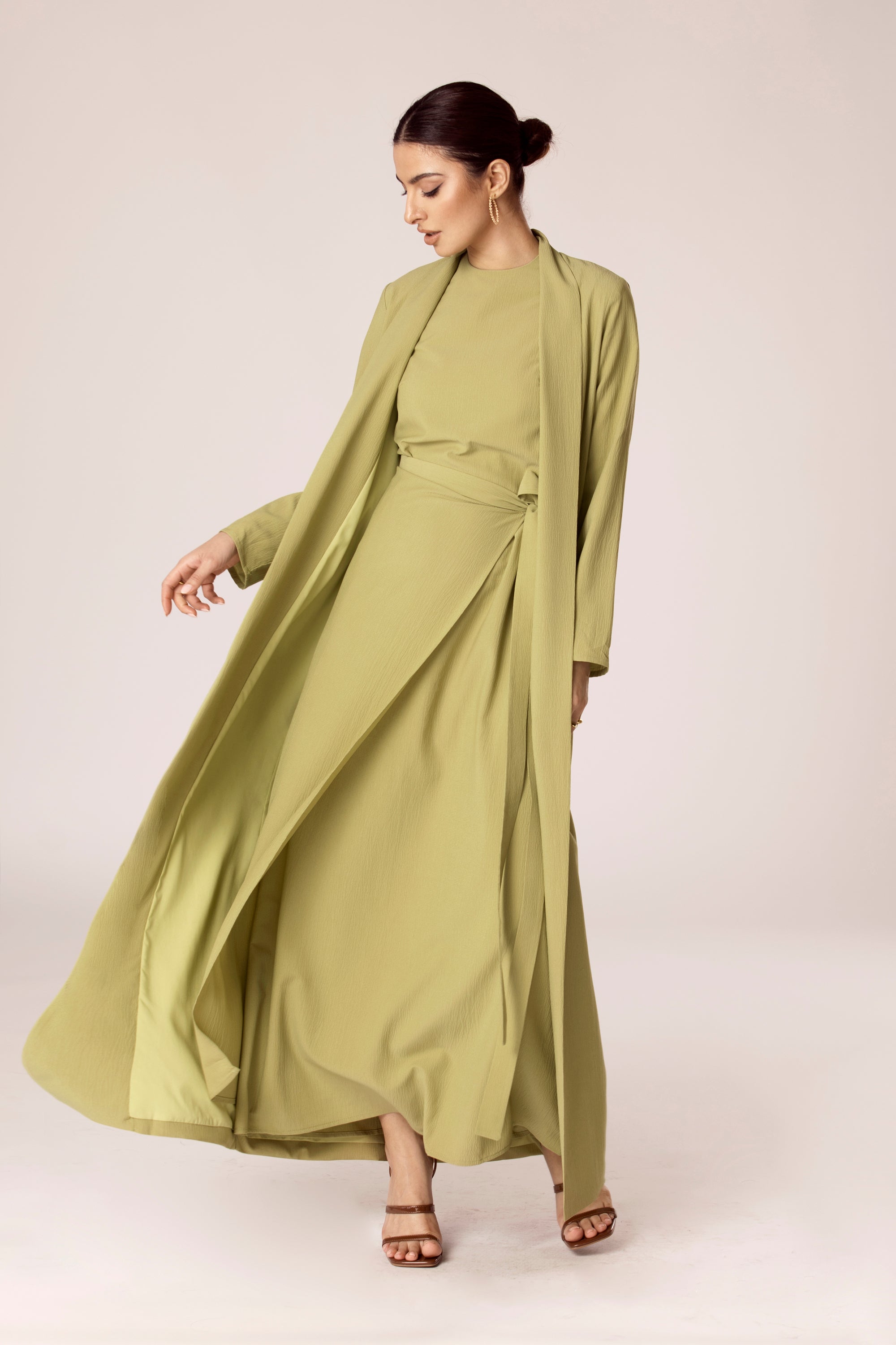 Noora Textured Three Piece Abaya Set - Cypress Green Veiled Collection 