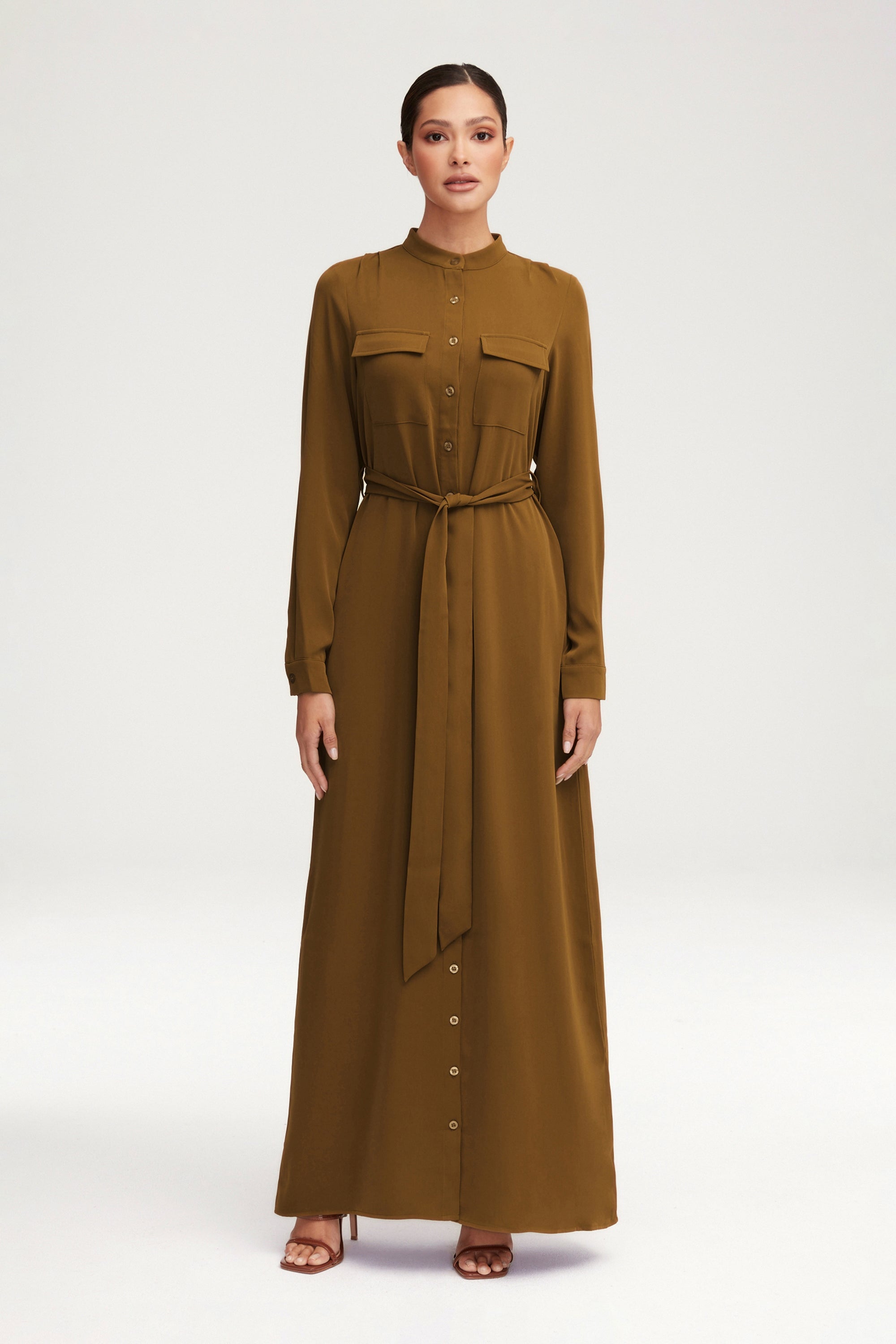 Olivia Button Down Utility Maxi Dress - Khaki Green Clothing Veiled 