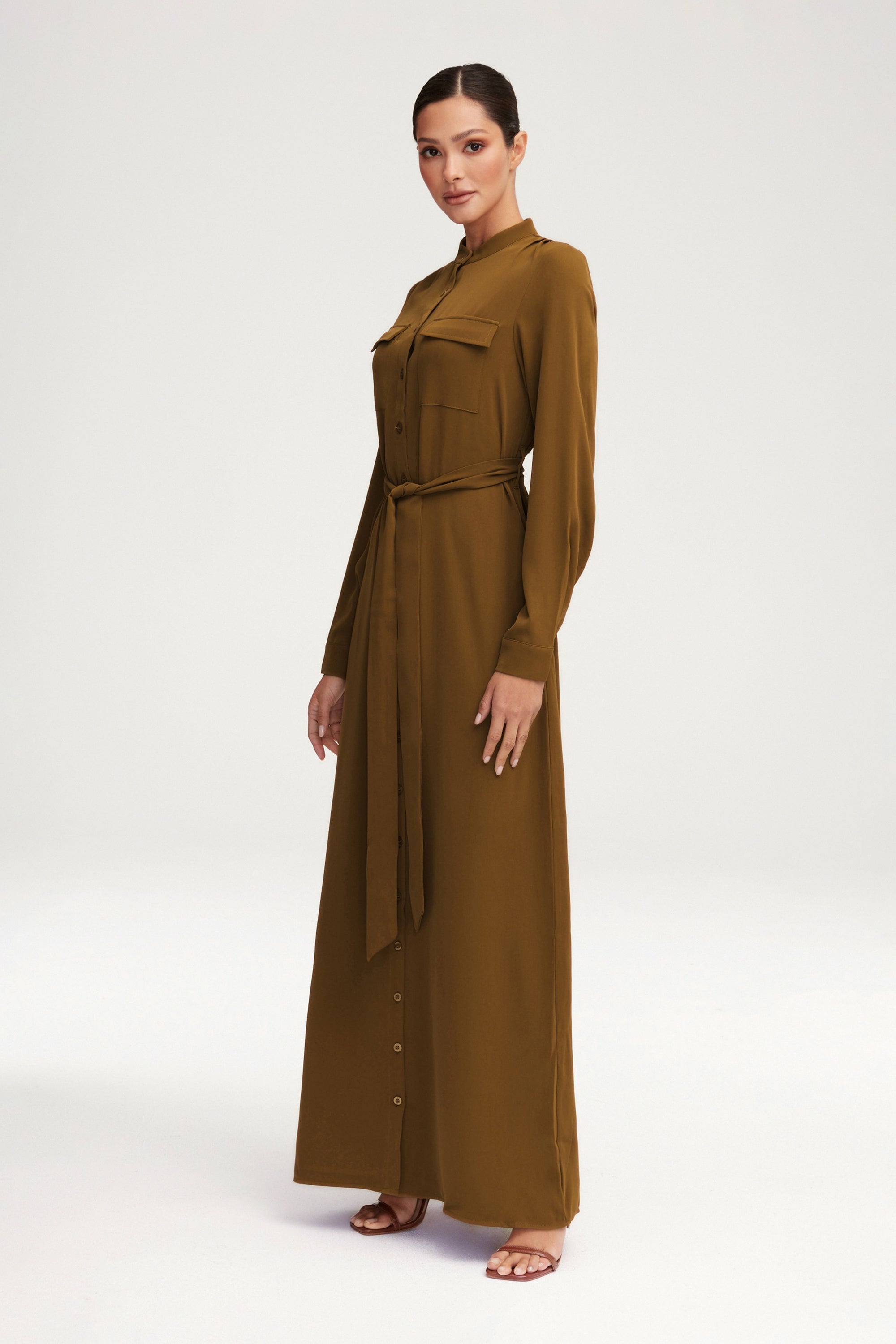 Olivia Button Down Utility Maxi Dress - Khaki Green Clothing Veiled 