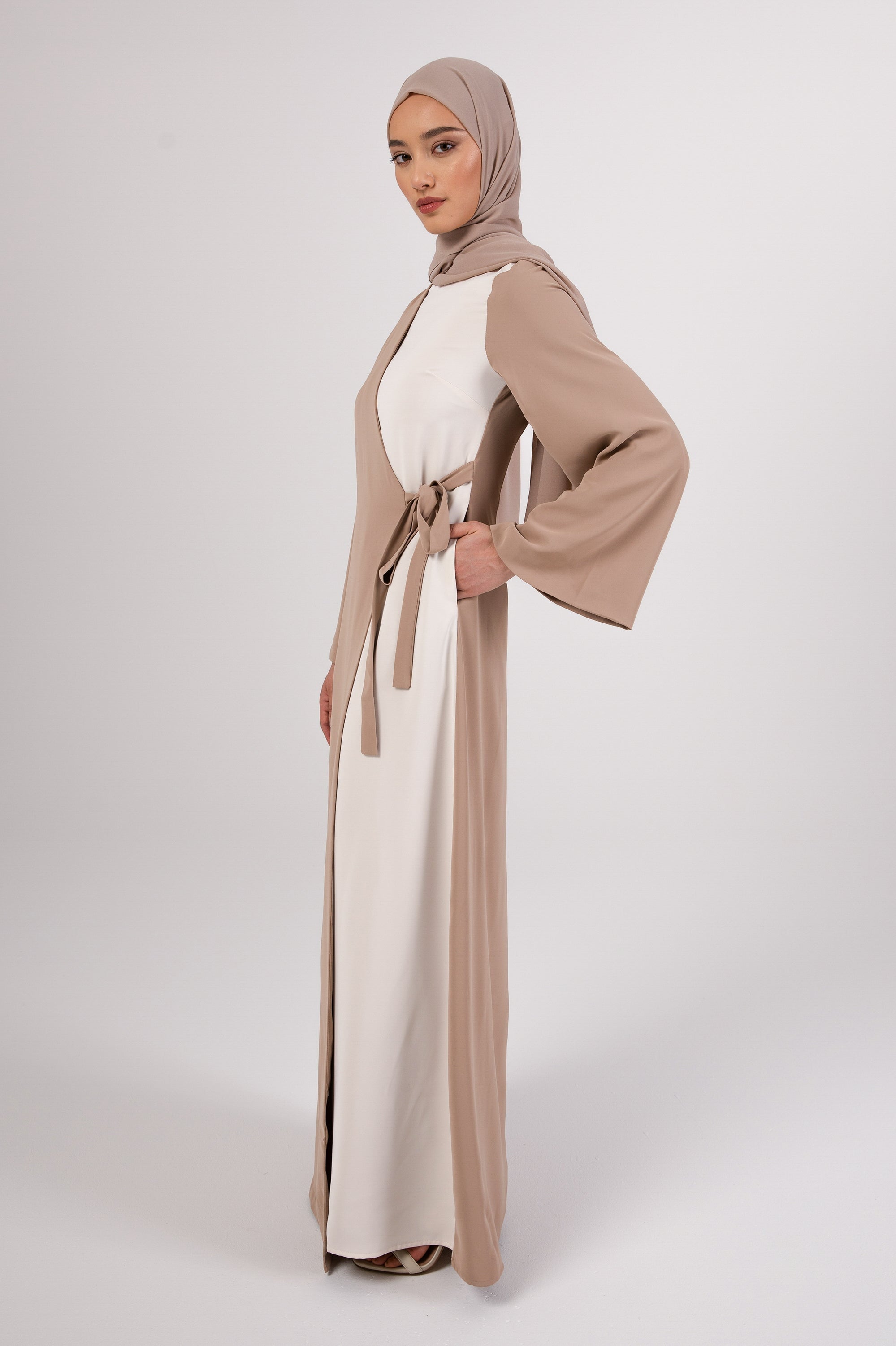 Omaya Two Tone Wrap Front Maxi Dress - Caffe Veiled 