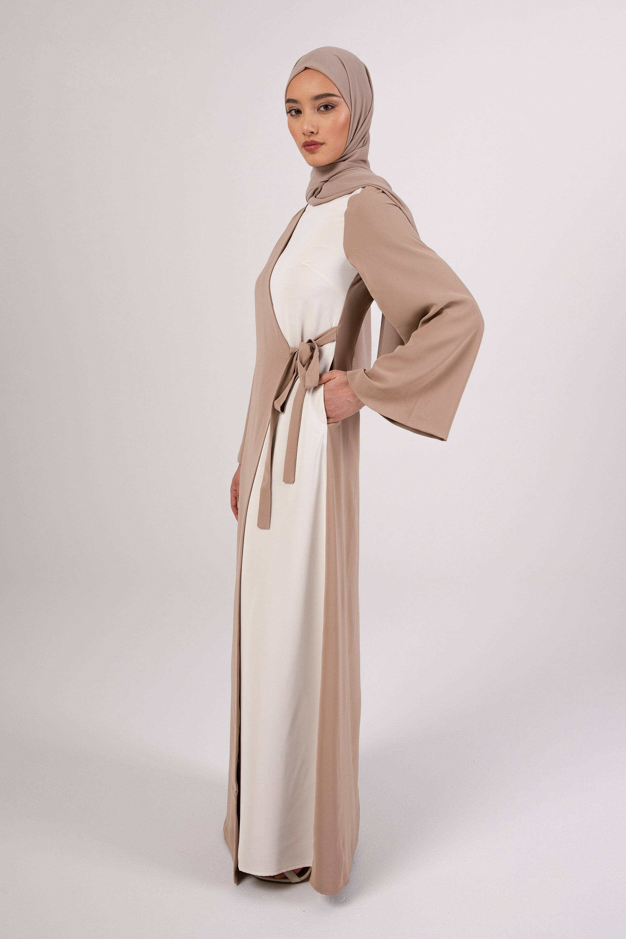 Omaya Two Tone Wrap Front Maxi Dress - Caffe Veiled 