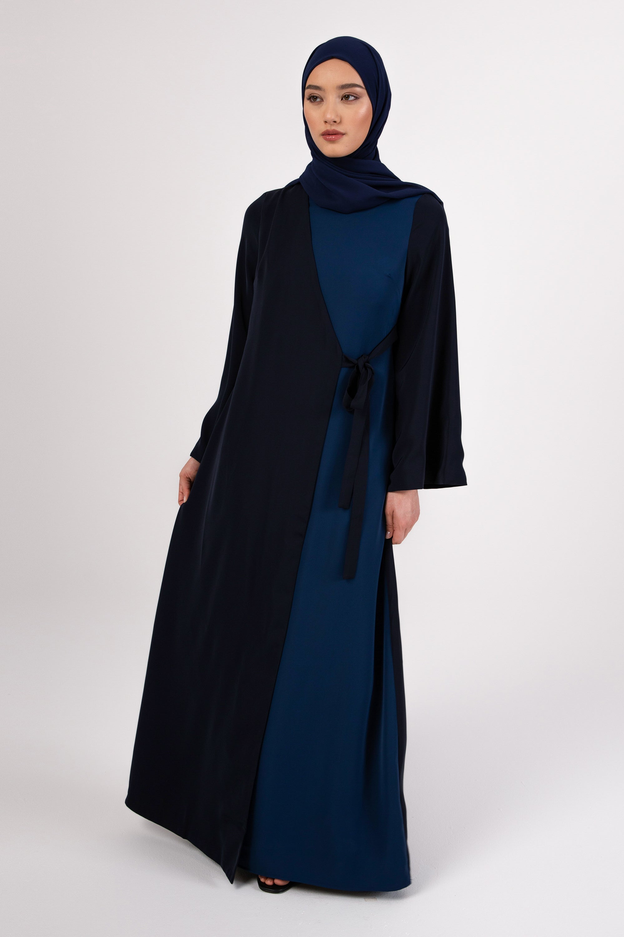 Omaya Two Tone Wrap Front Maxi Dress - Dark Blue Veiled 