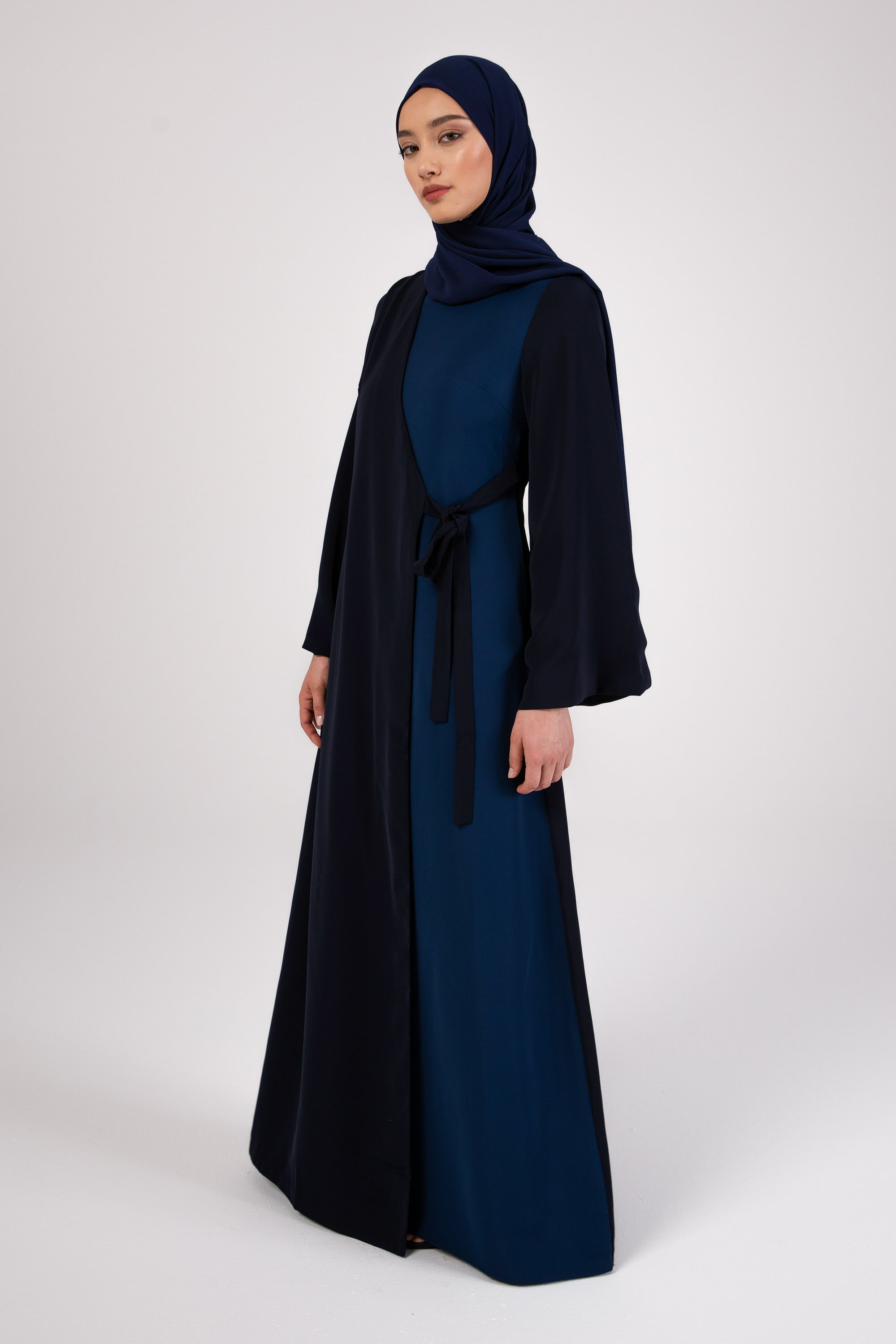 Omaya Two Tone Wrap Front Maxi Dress - Dark Blue Veiled 