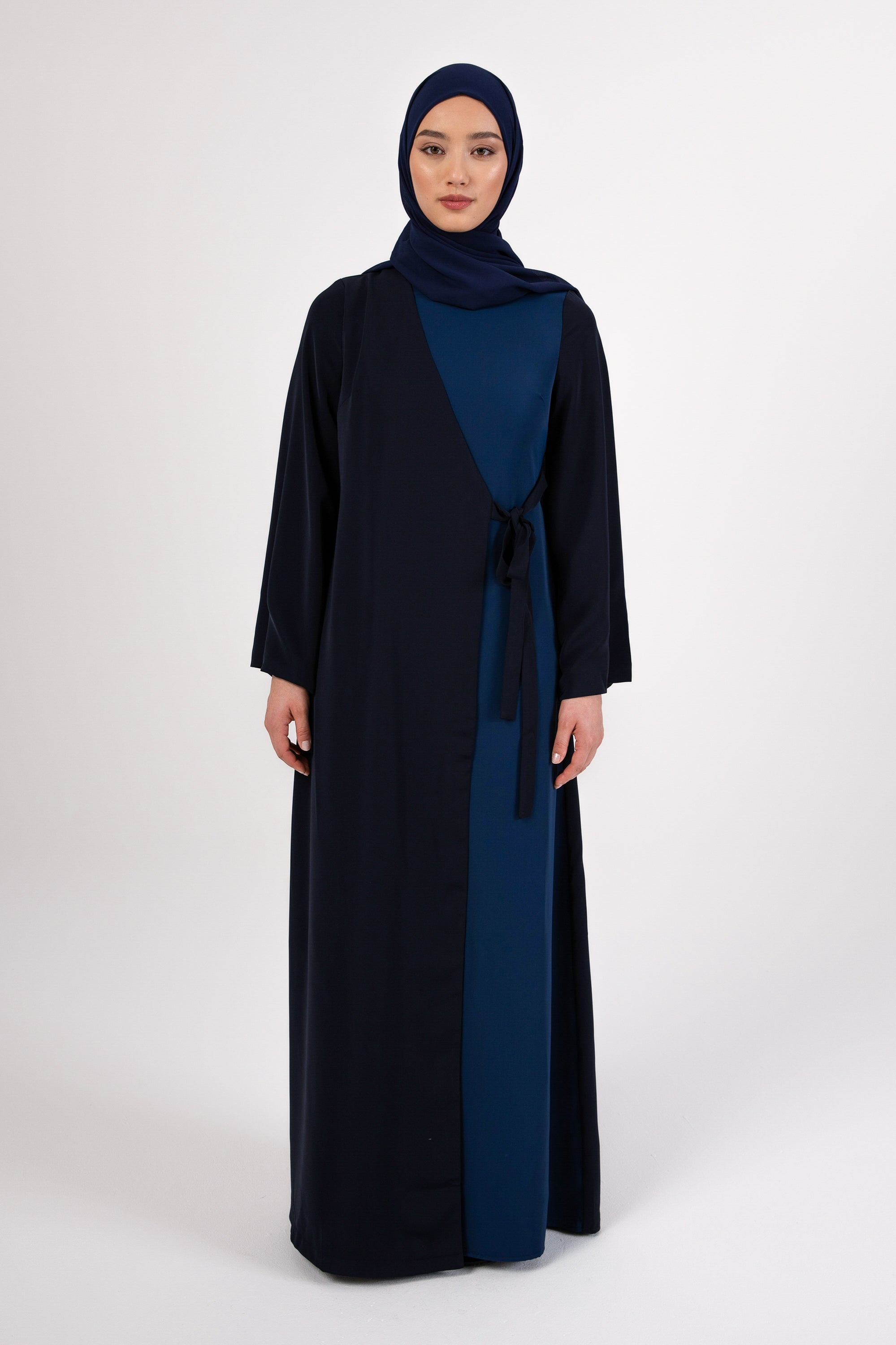 Omaya Two Tone Wrap Front Maxi Dress - Dark Blue Veiled 