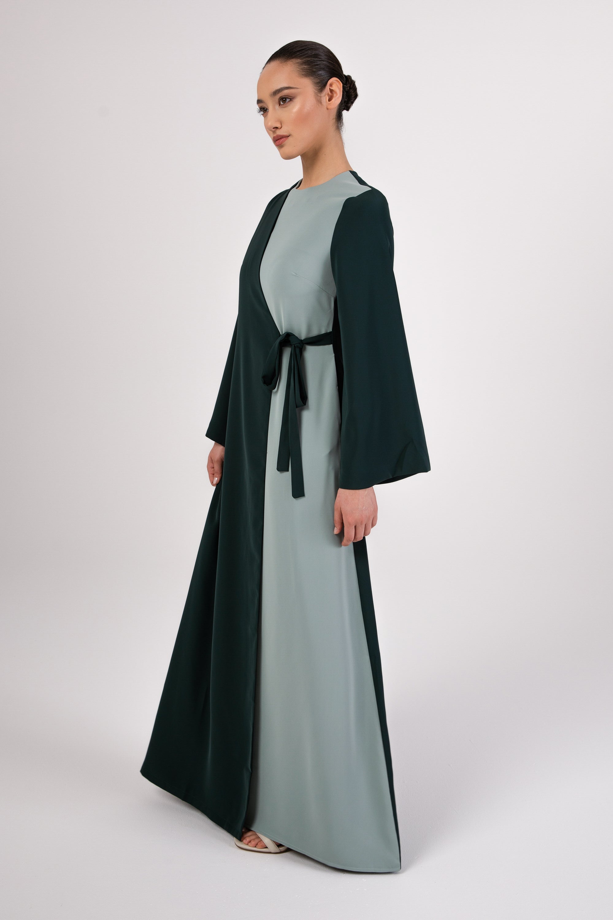 Omaya Two Tone Wrap Front Maxi Dress - Emerald Veiled 