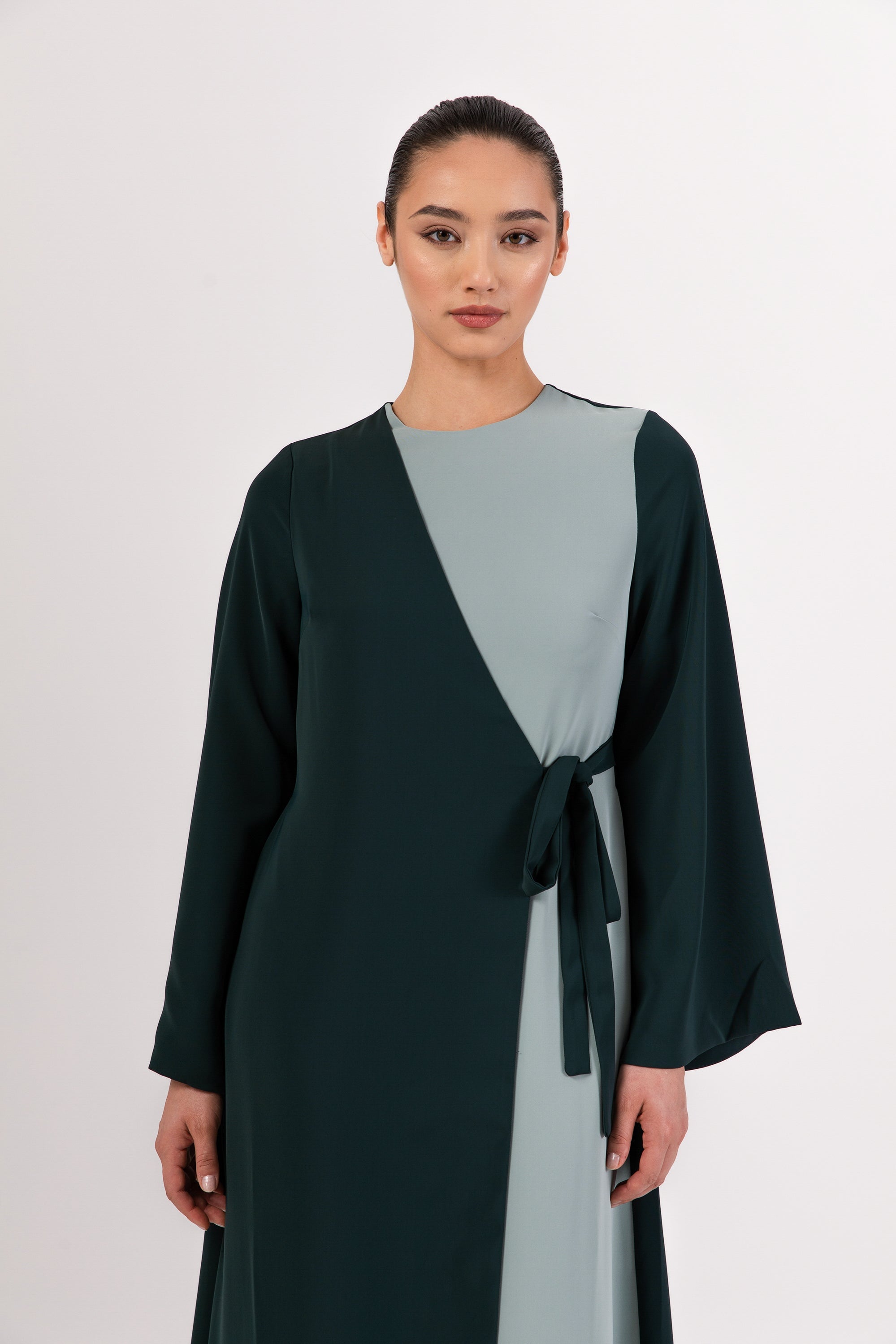 Omaya Two Tone Wrap Front Maxi Dress - Emerald Veiled 