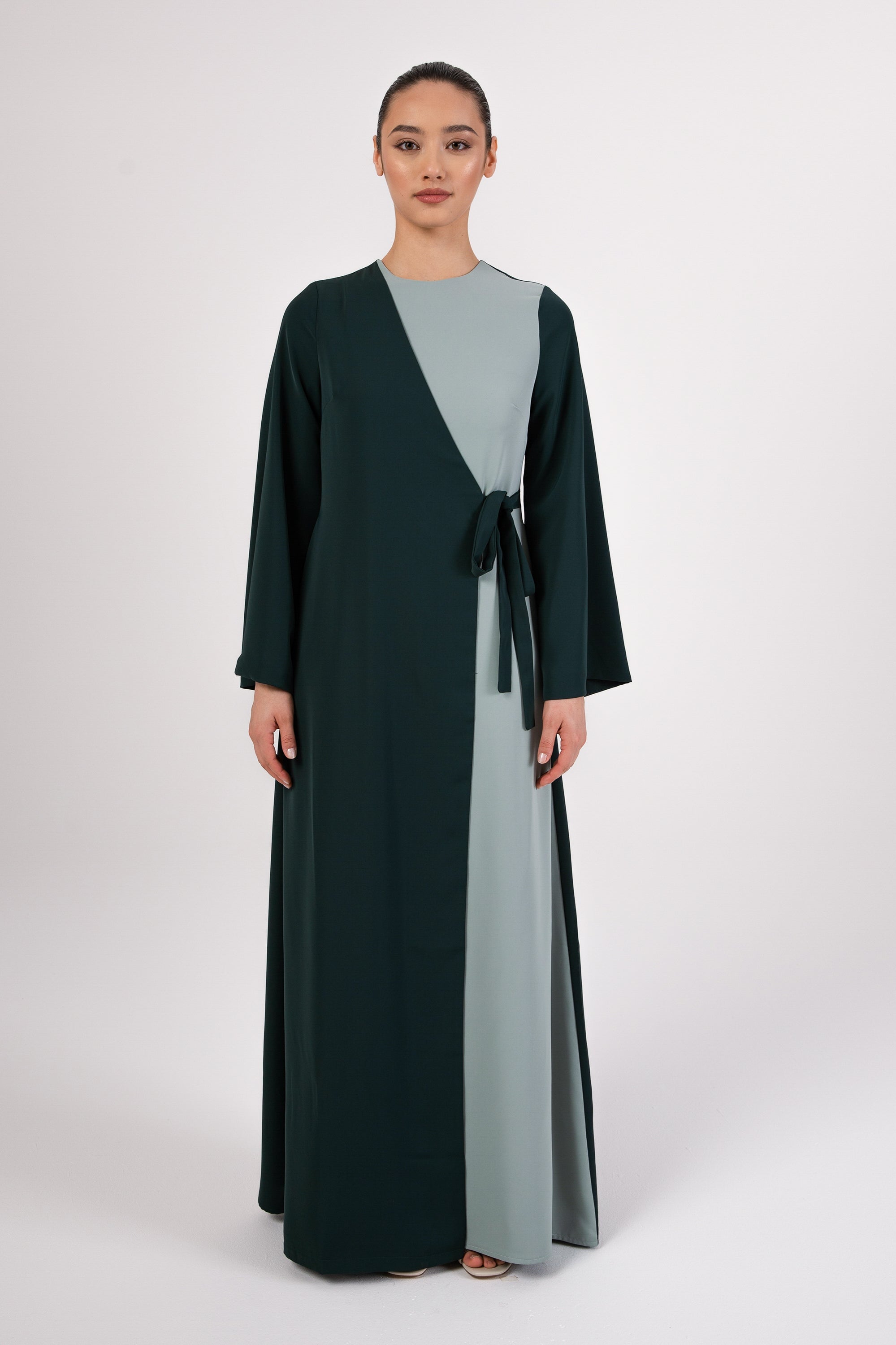 Omaya Two Tone Wrap Front Maxi Dress - Emerald Veiled 