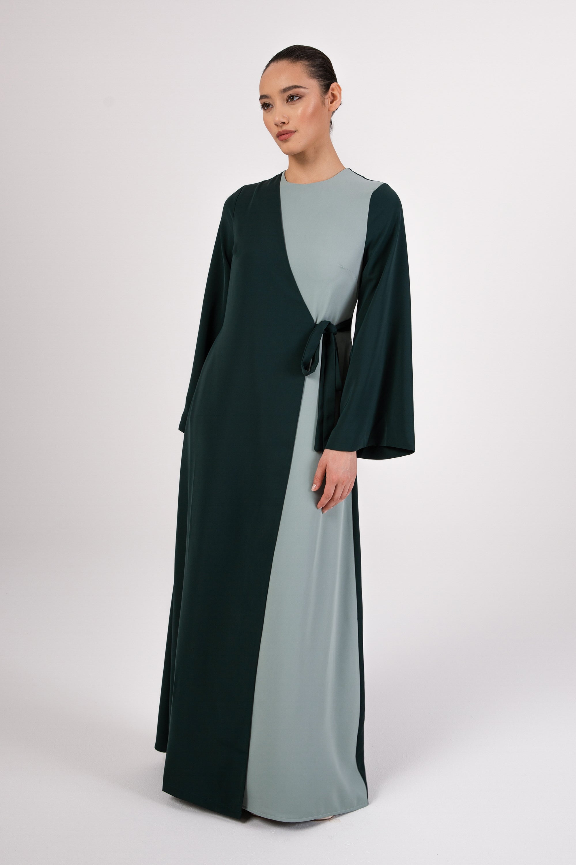 Omaya Two Tone Wrap Front Maxi Dress - Emerald Veiled 