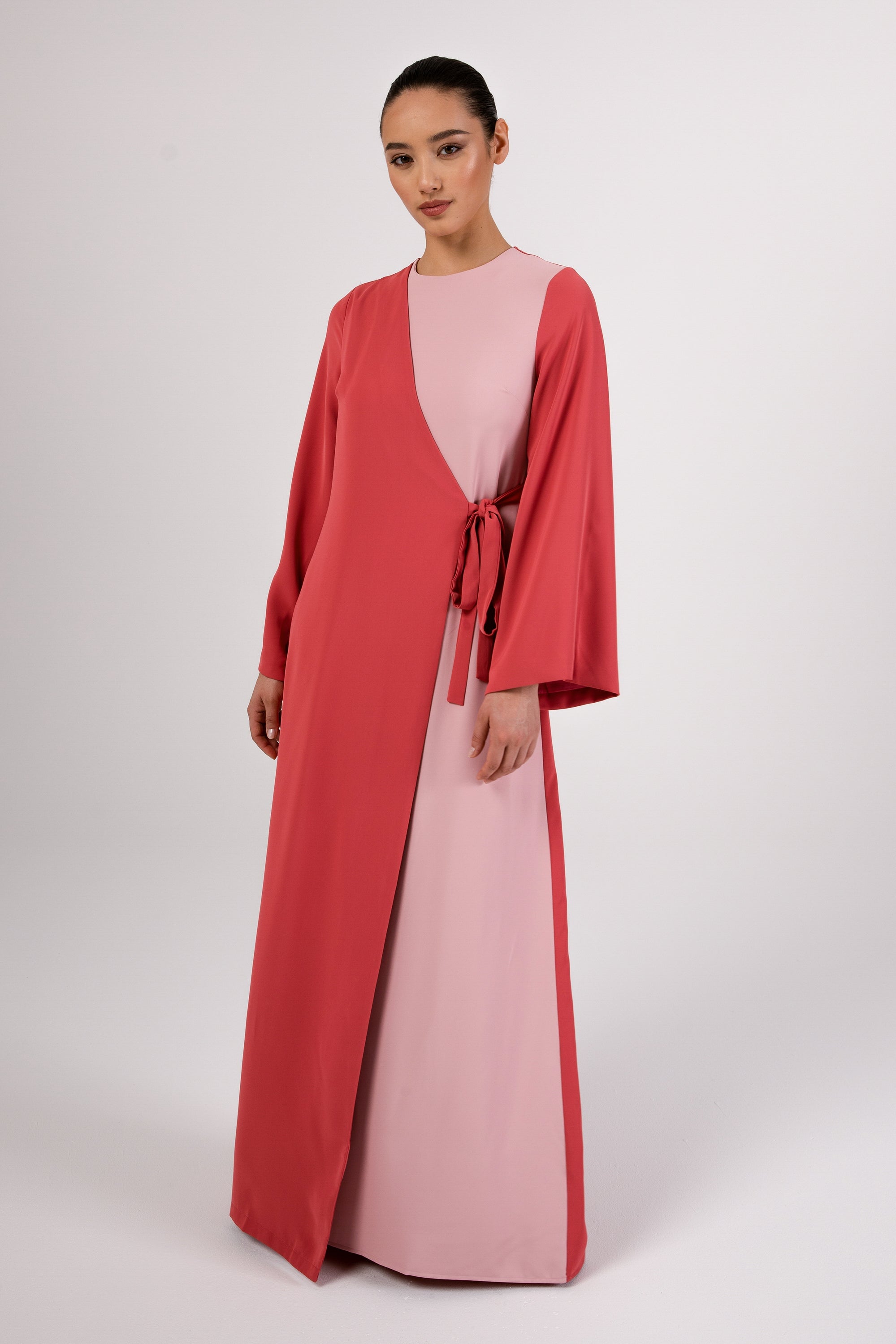 Omaya Two Tone Wrap Front Maxi Dress - Rosewood Pink Veiled 