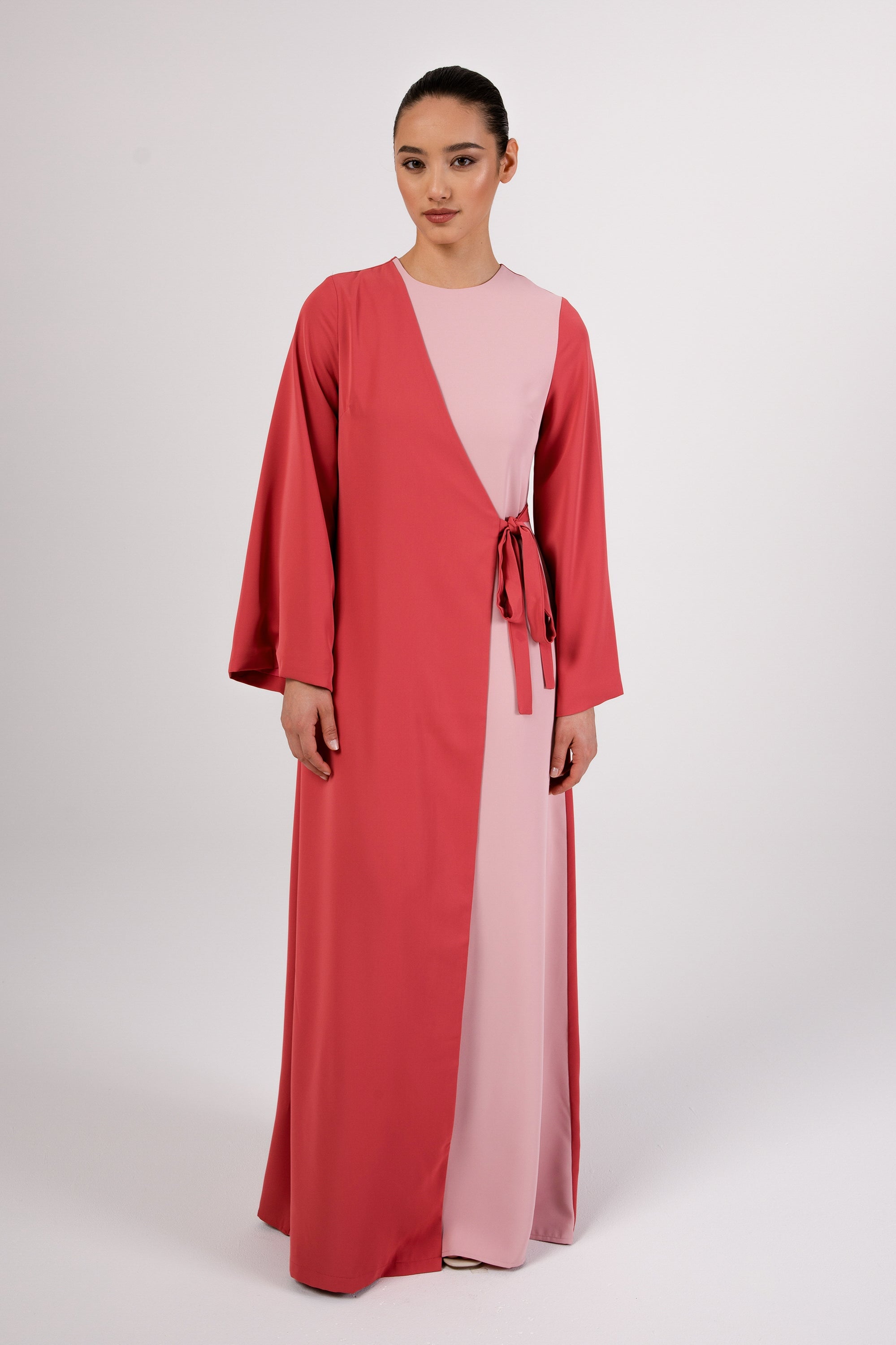 Omaya Two Tone Wrap Front Maxi Dress - Rosewood Pink Veiled 