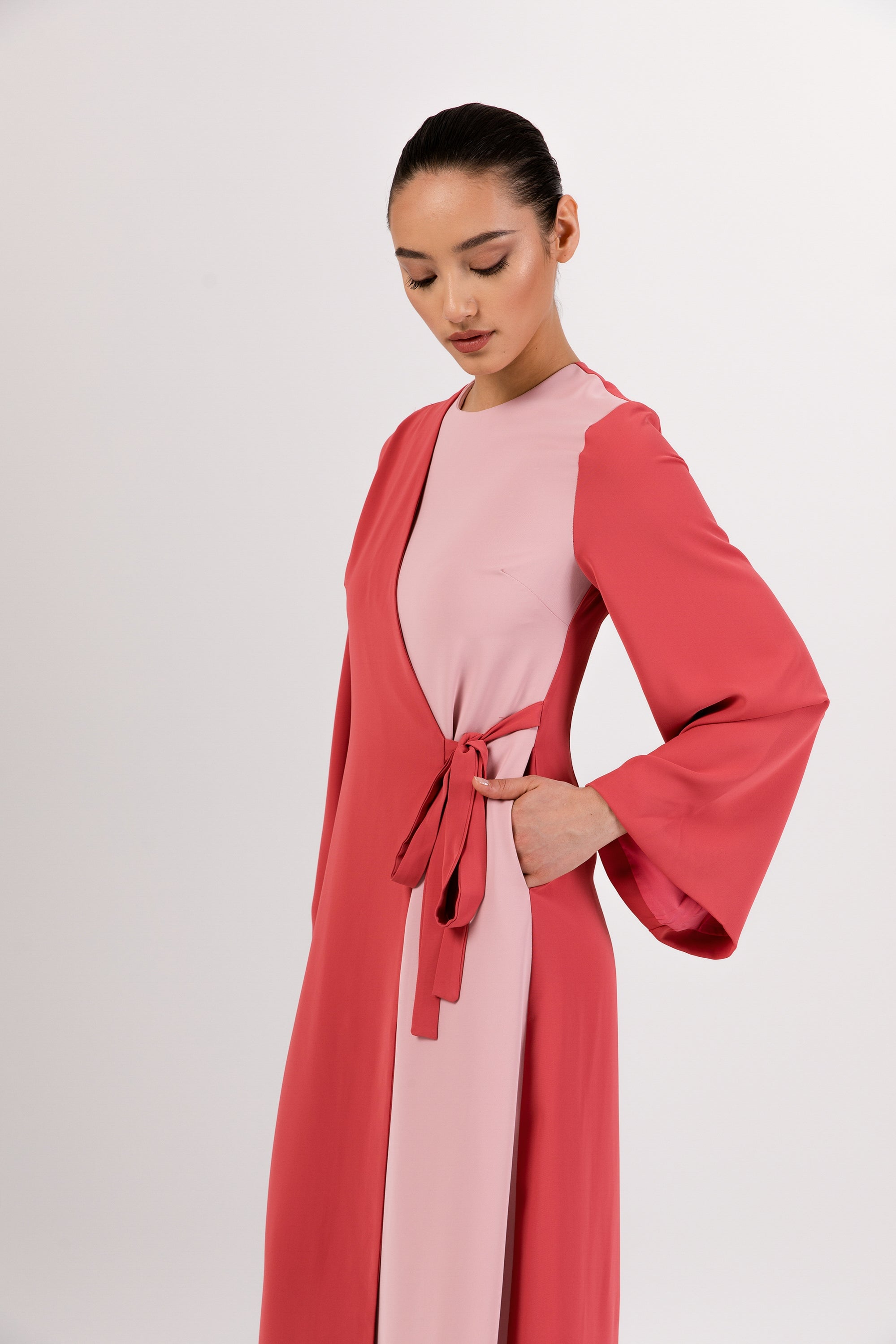 Omaya Two Tone Wrap Front Maxi Dress - Rosewood Pink Veiled 