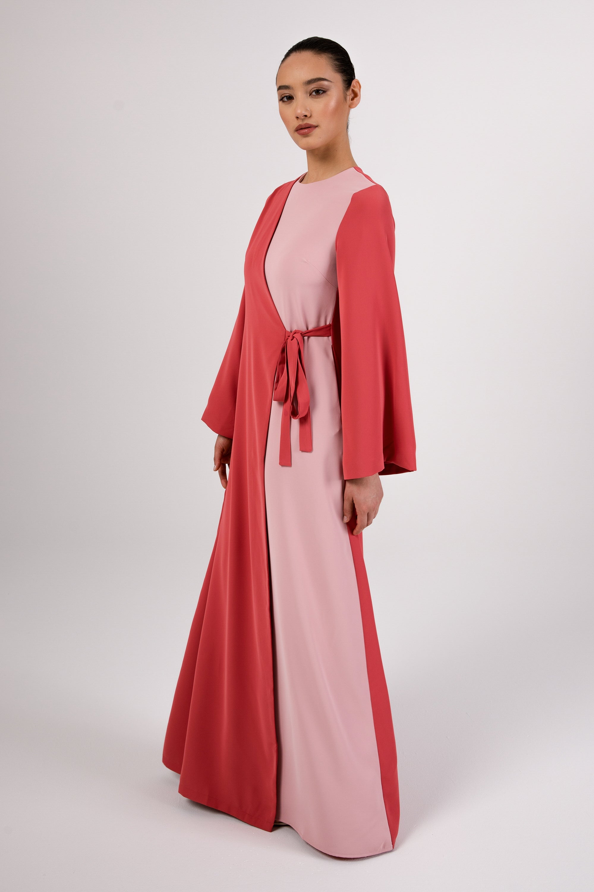 Omaya Two Tone Wrap Front Maxi Dress - Rosewood Pink Veiled 