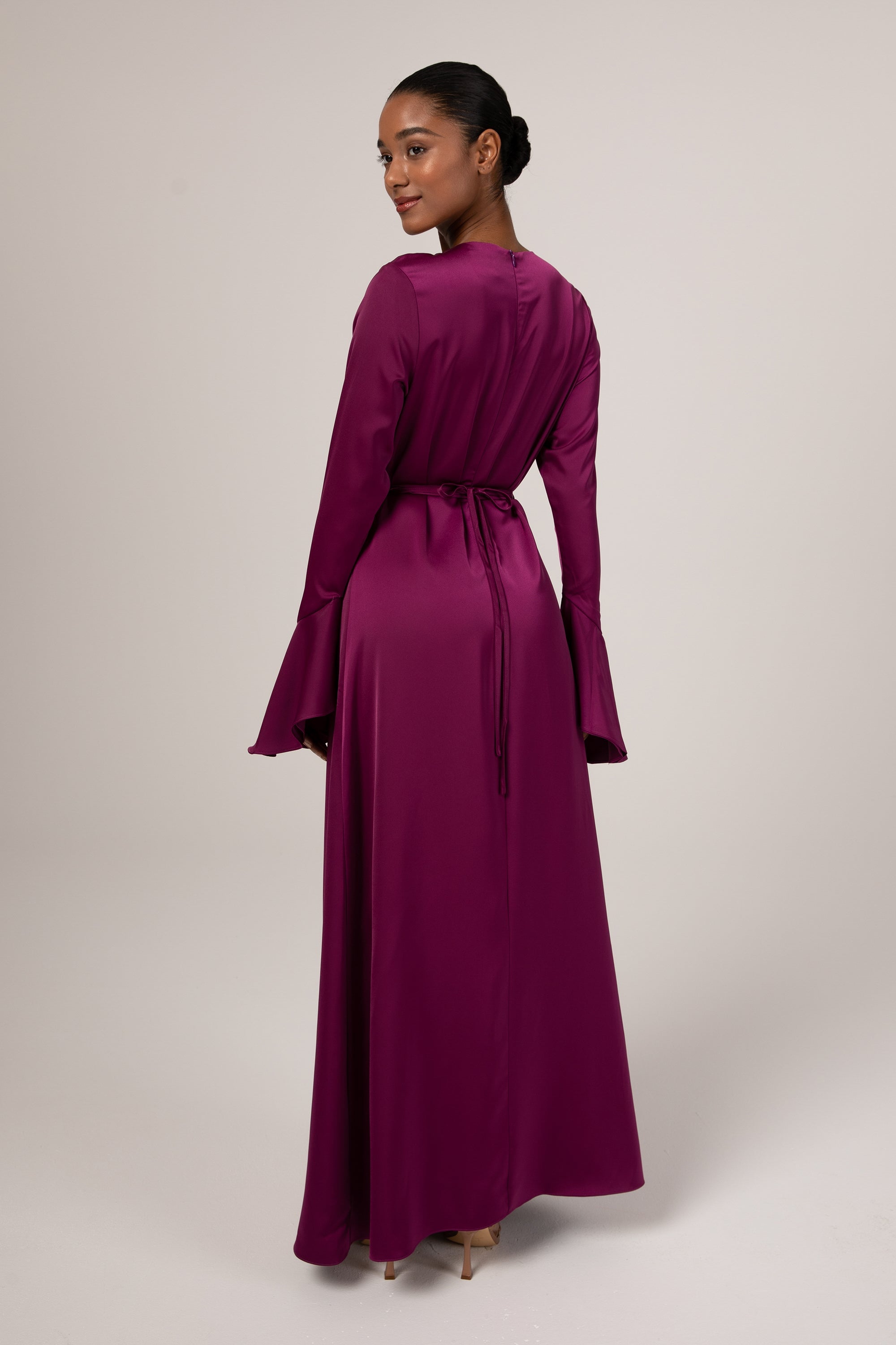 Omera Flare Cuff Satin Maxi Dress - Deep Purple Veiled Collection 