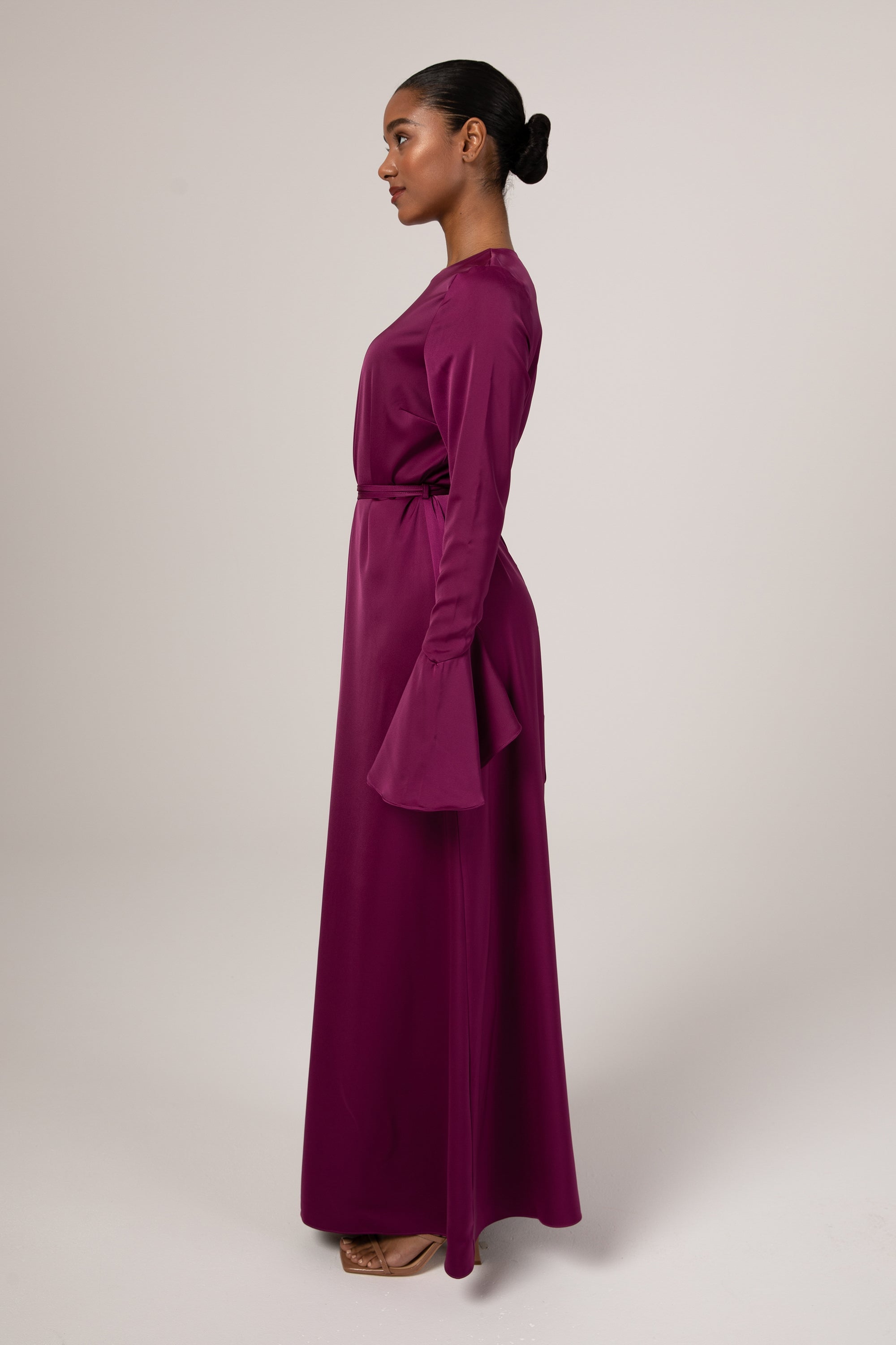 Omera Flare Cuff Satin Maxi Dress - Deep Purple Veiled Collection 