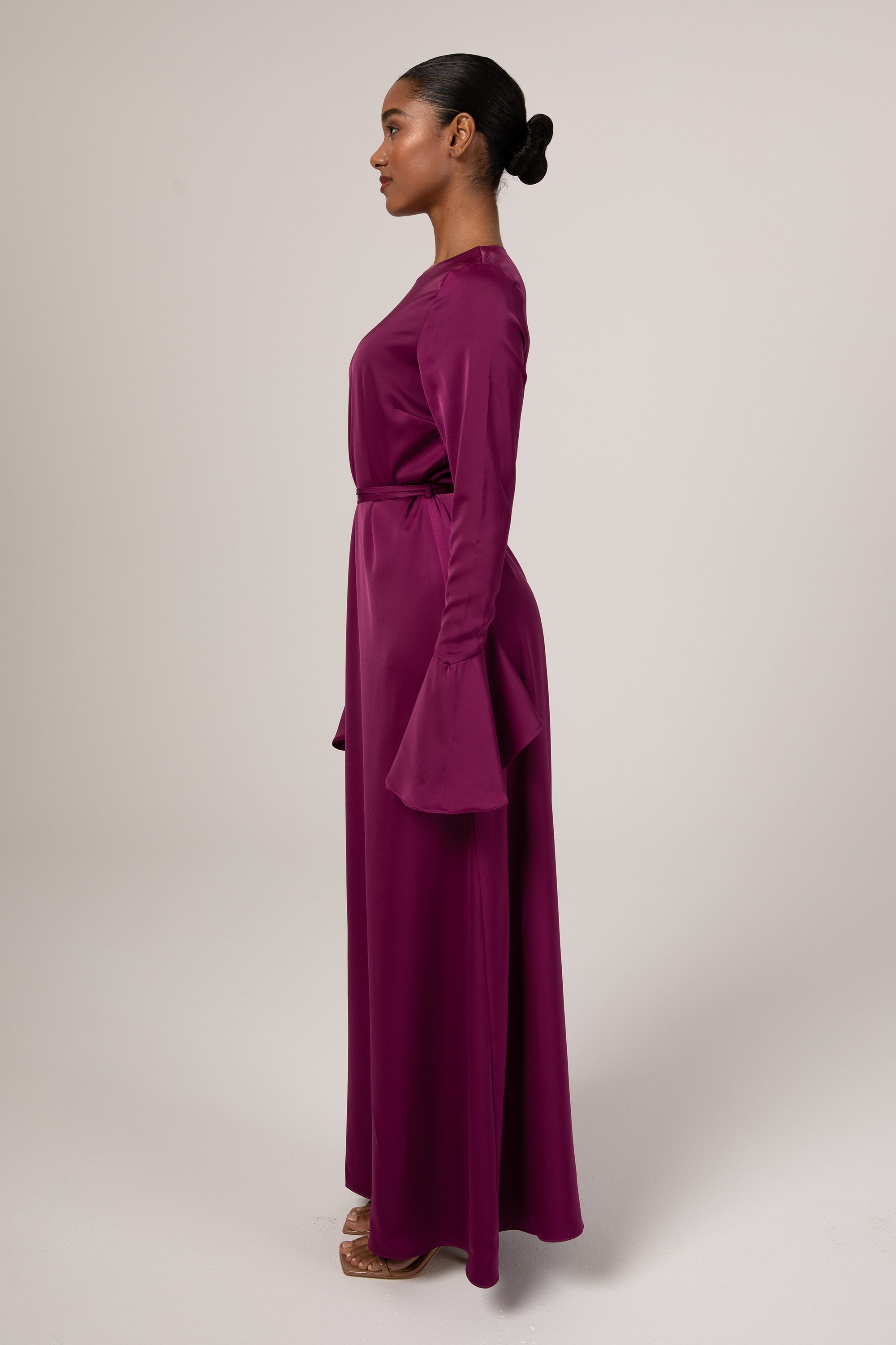 Omera Flare Cuff Satin Maxi Dress - Deep Purple Veiled Collection 