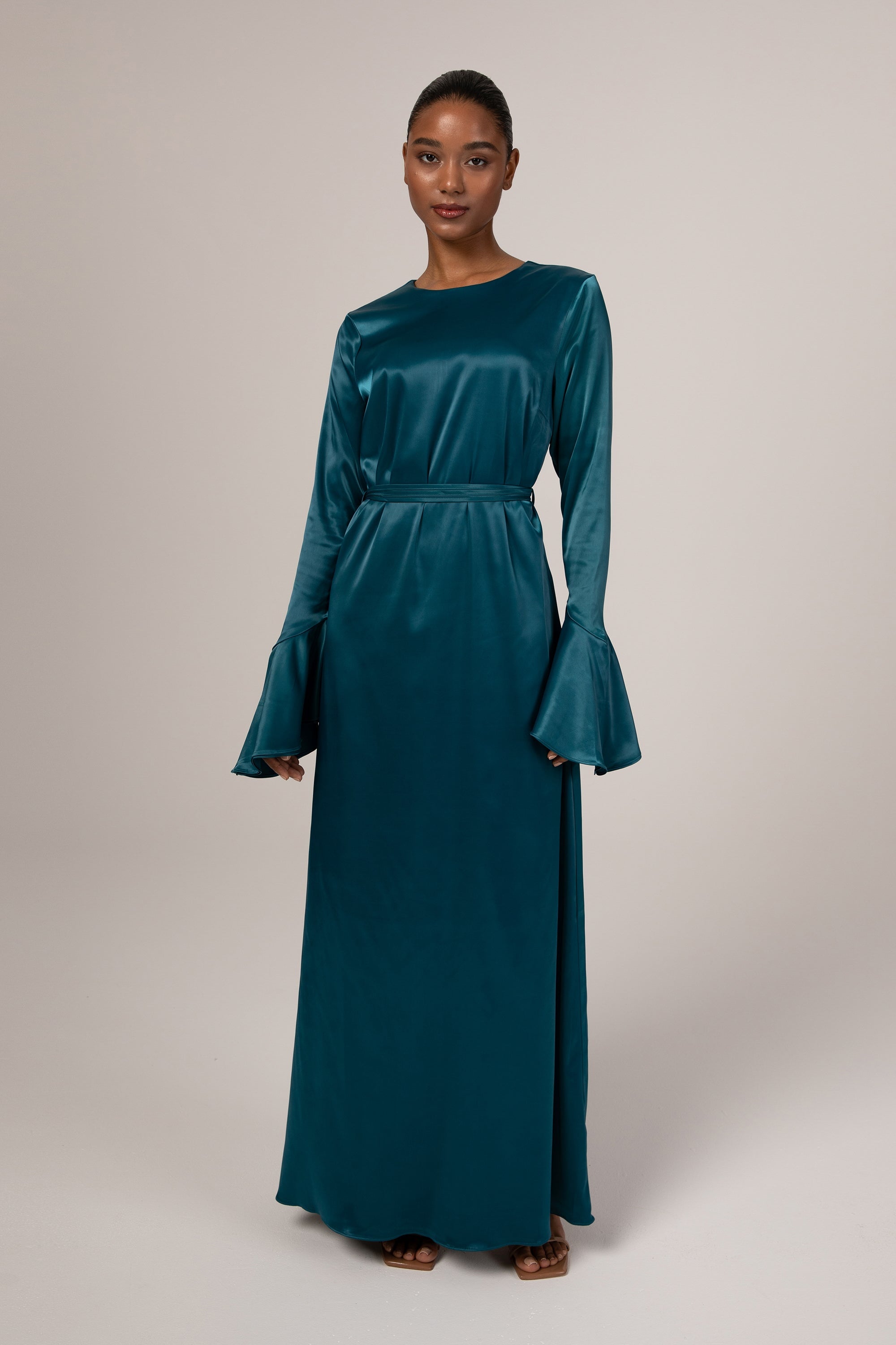 Omera Flare Cuff Satin Maxi Dress - Deep Teal Veiled Collection 