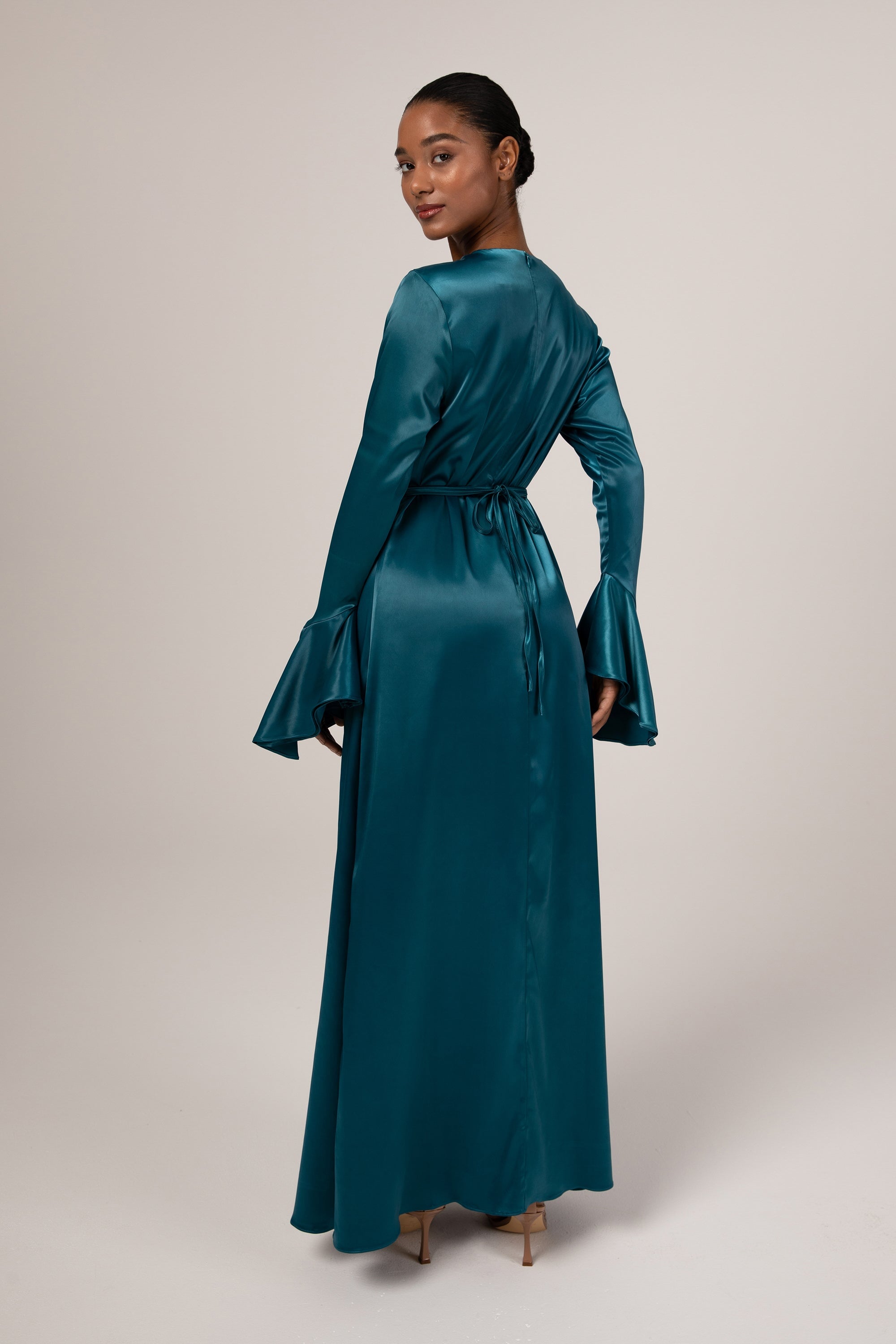 Omera Flare Cuff Satin Maxi Dress - Deep Teal Veiled Collection 