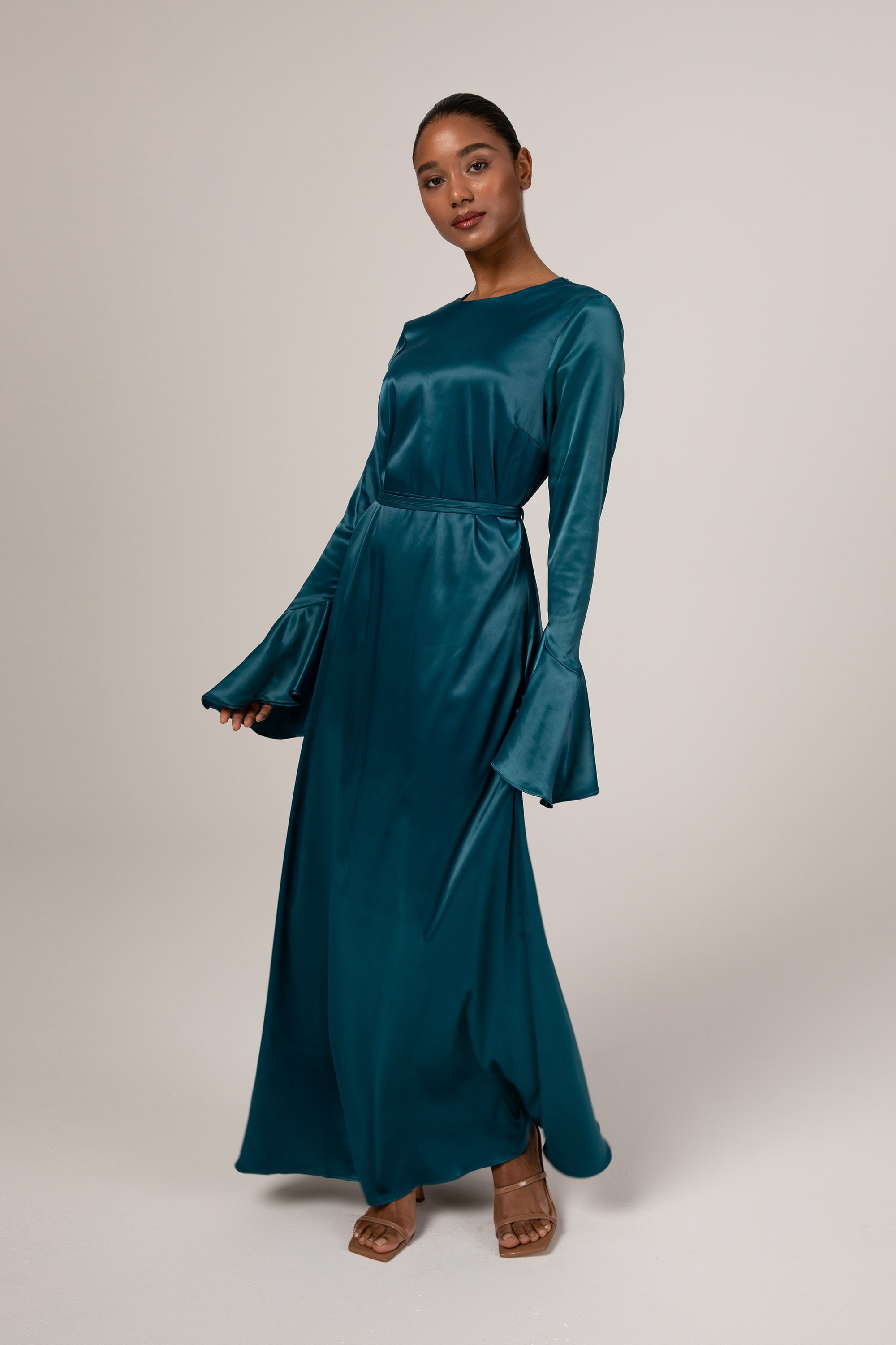 Omera Flare Cuff Satin Maxi Dress - Deep Teal Veiled Collection 