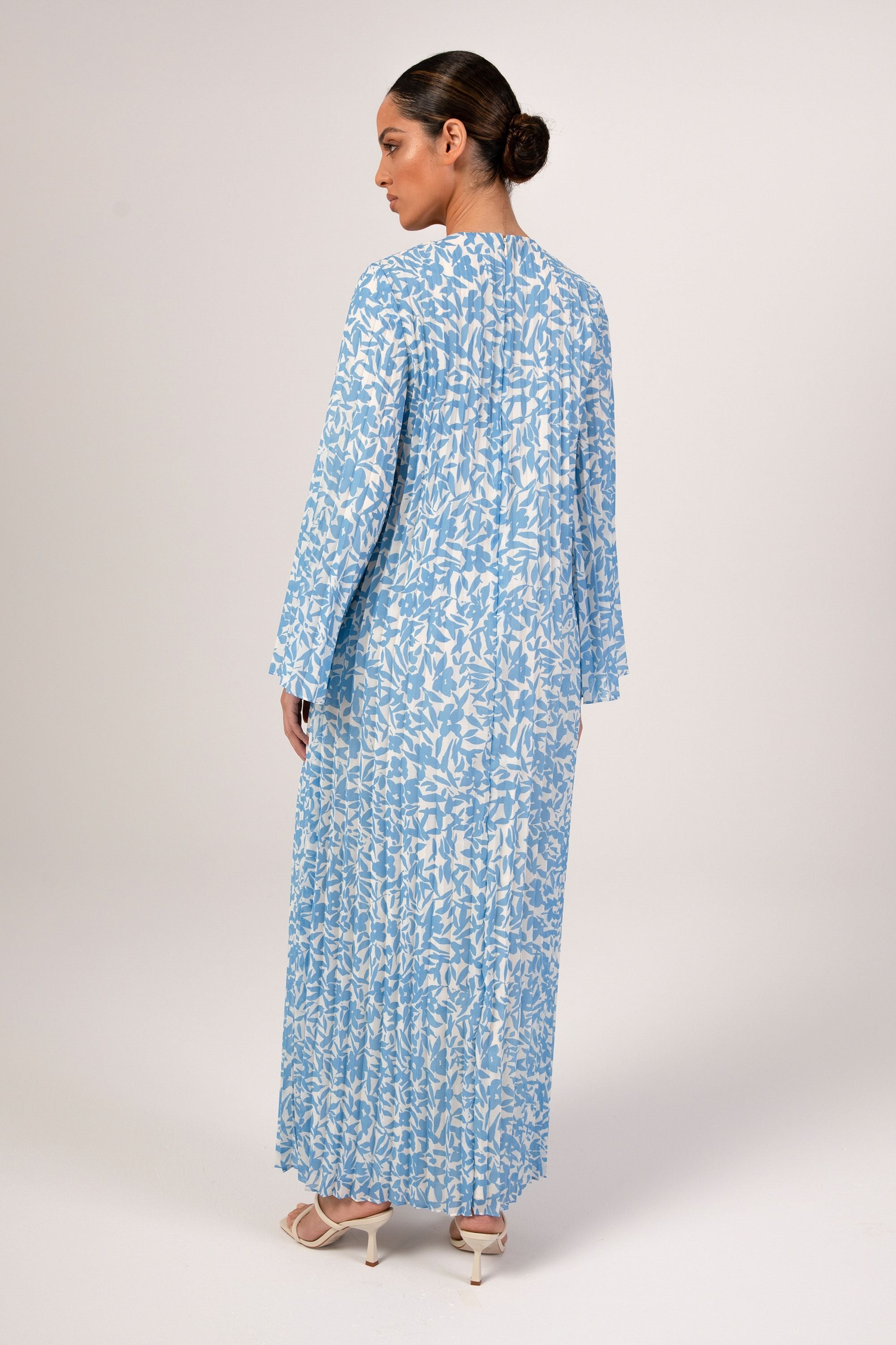 Pleated Printed Shift Maxi Dress - Azure Blue Veiled Collection 