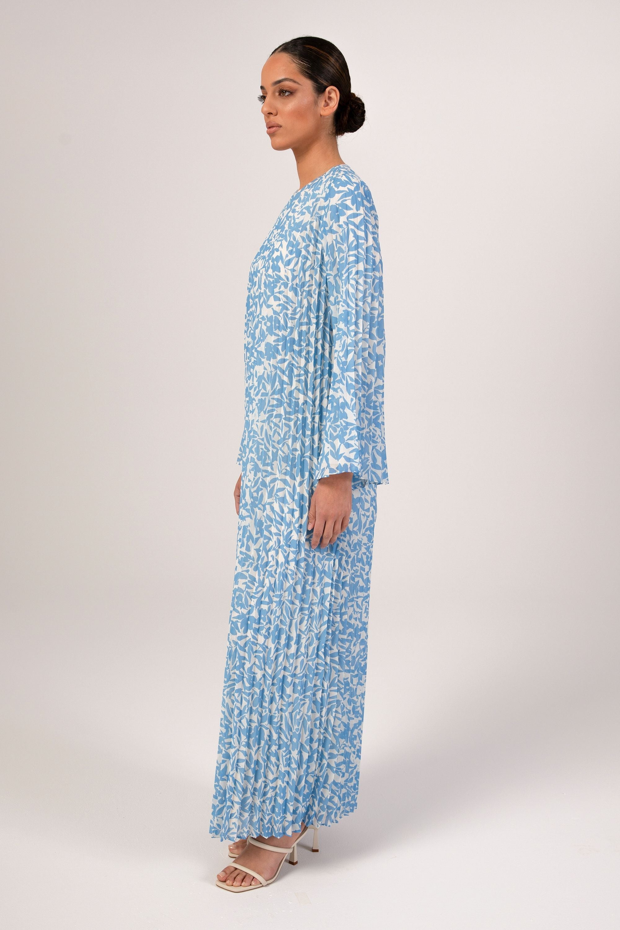 Pleated Printed Shift Maxi Dress - Azure Blue Veiled Collection 