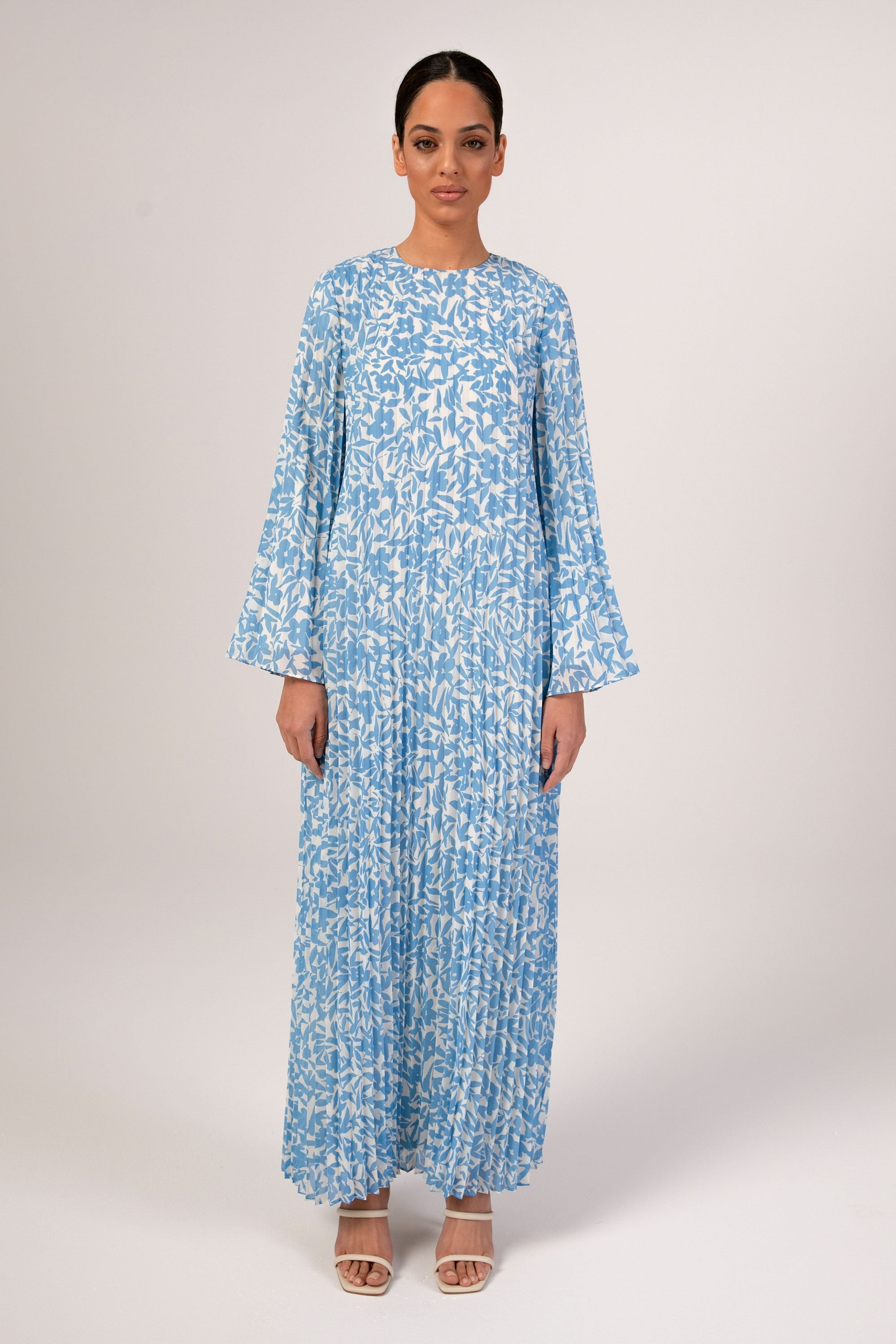 Pleated Printed Shift Maxi Dress - Azure Blue Veiled Collection 