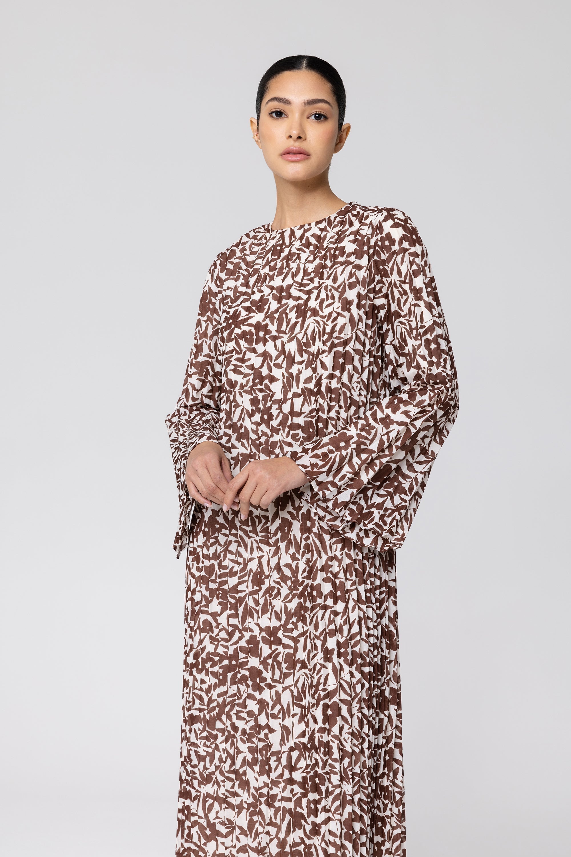 Pleated Printed Shift Maxi Dress - Brown Veiled Collection 