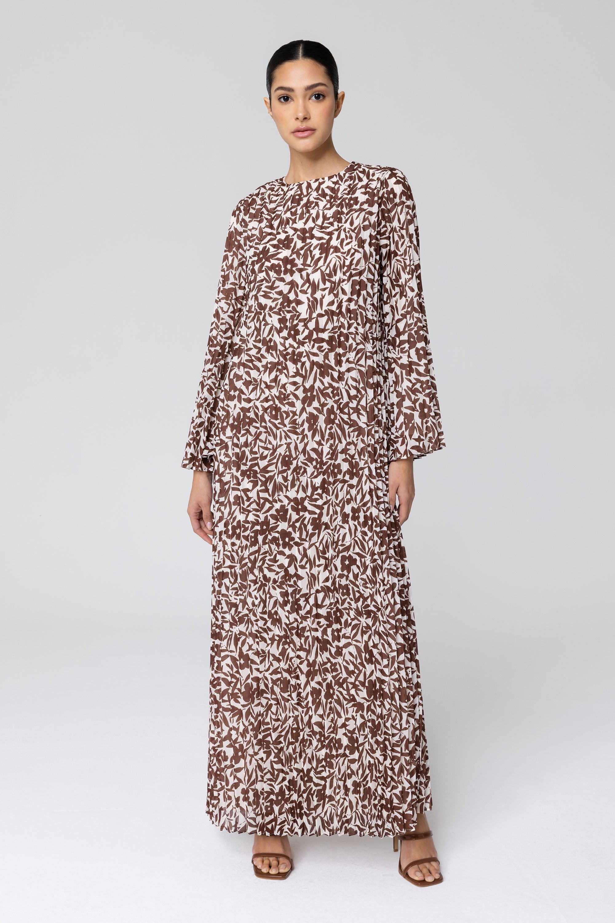 Pleated Printed Shift Maxi Dress - Brown Veiled Collection 