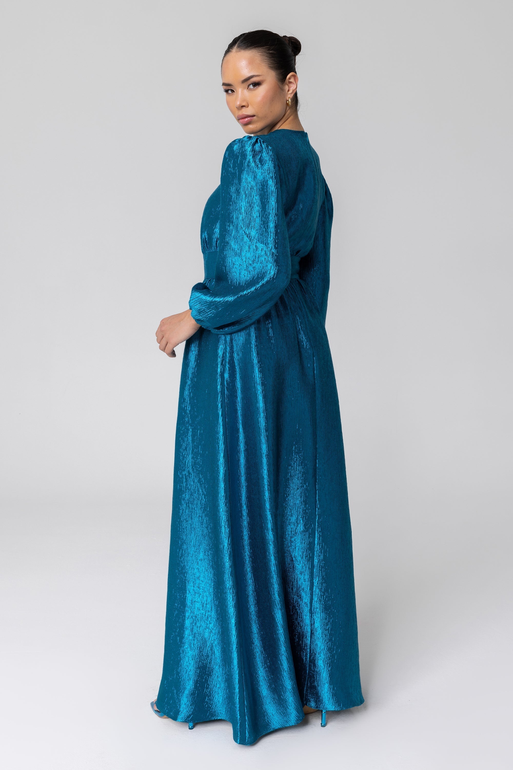 Raya Balloon Sleeve Maxi Dress - Deep Lagoon Veiled 