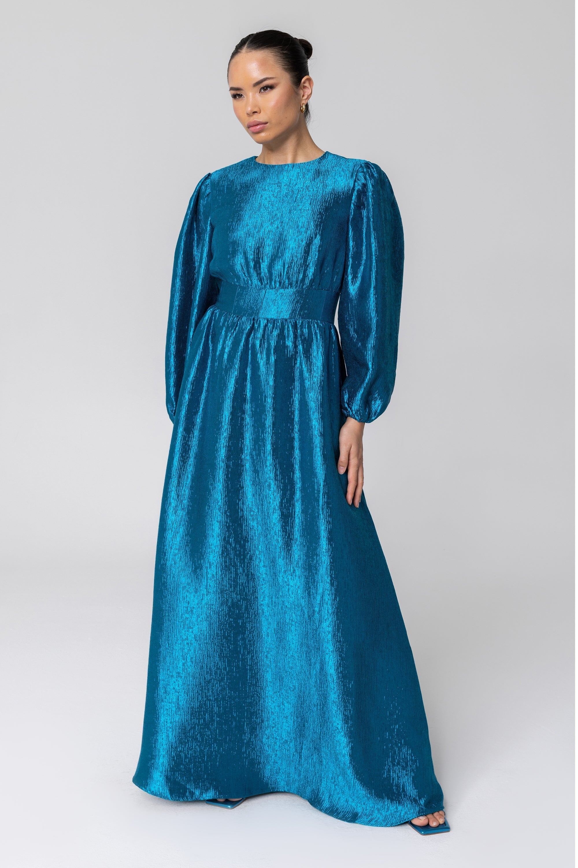 Raya Balloon Sleeve Maxi Dress - Deep Lagoon Veiled 