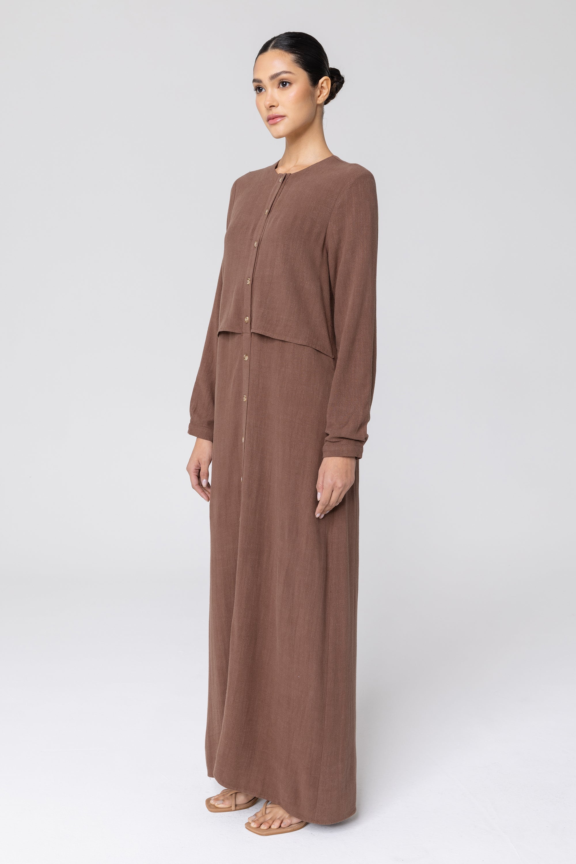 Sabah Cotton Linen Overlay Maxi Shirt Dress - Brown Veiled 