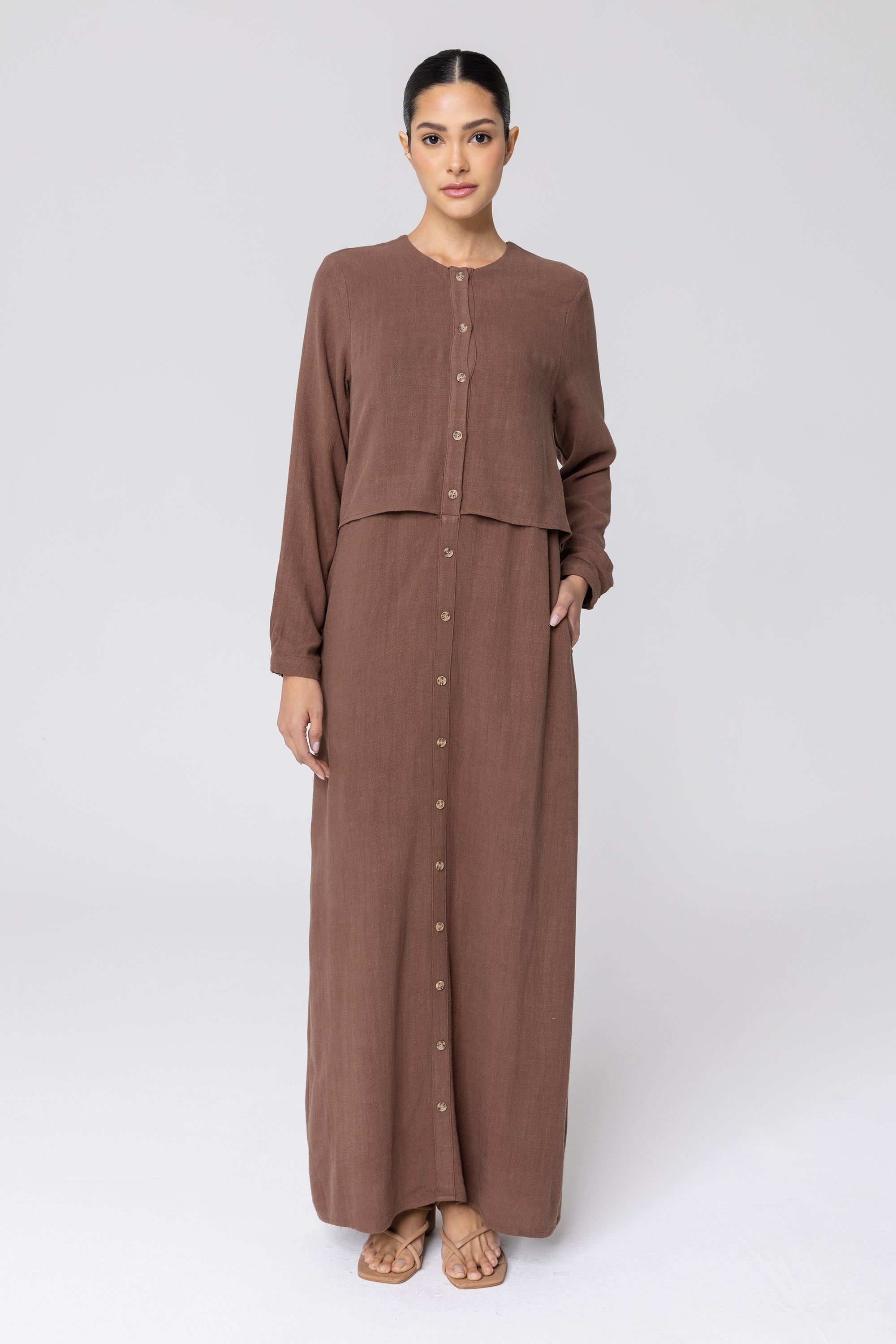 Sabah Cotton Linen Overlay Maxi Shirt Dress - Brown Veiled 