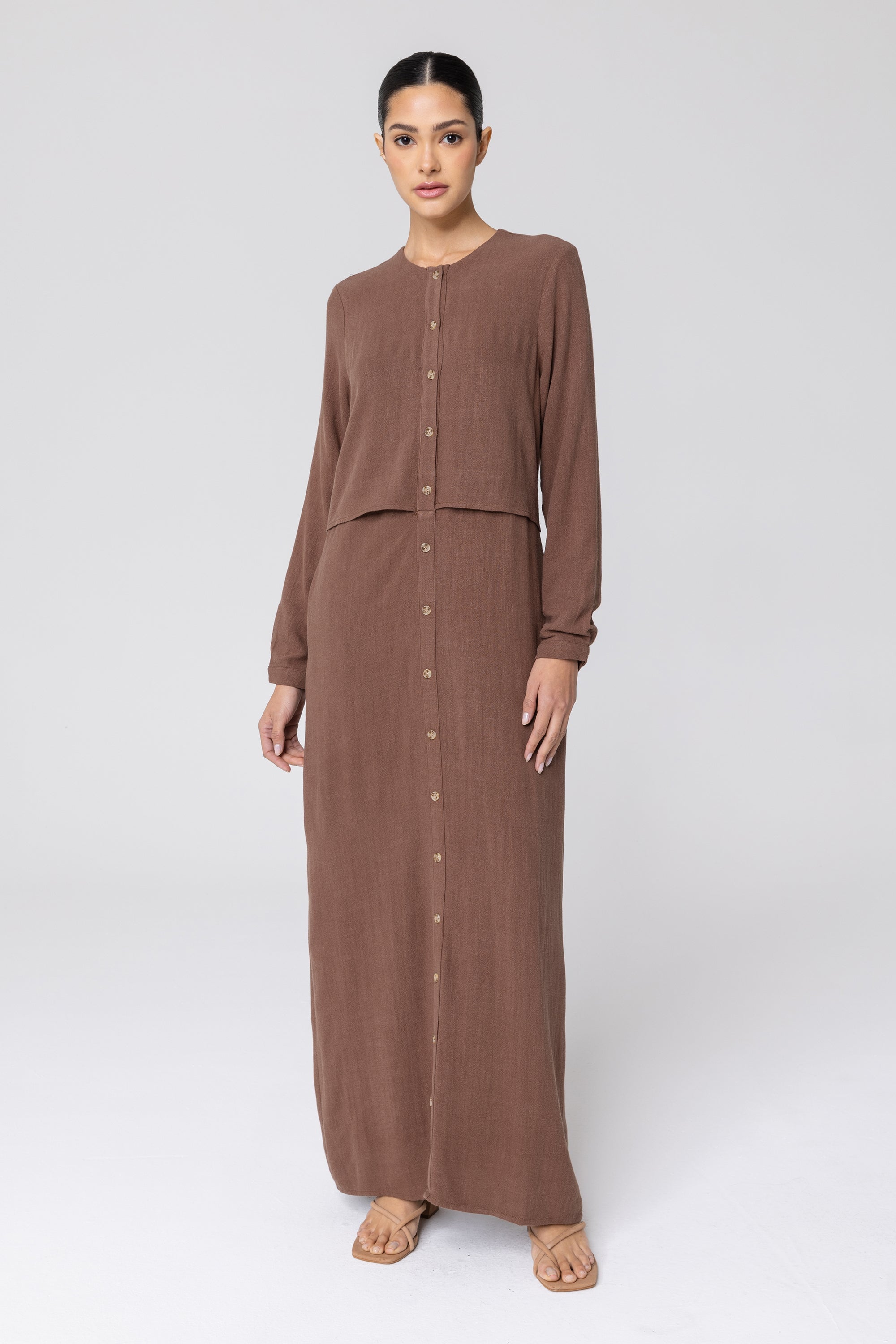 Sabah Cotton Linen Overlay Maxi Shirt Dress - Brown Veiled 