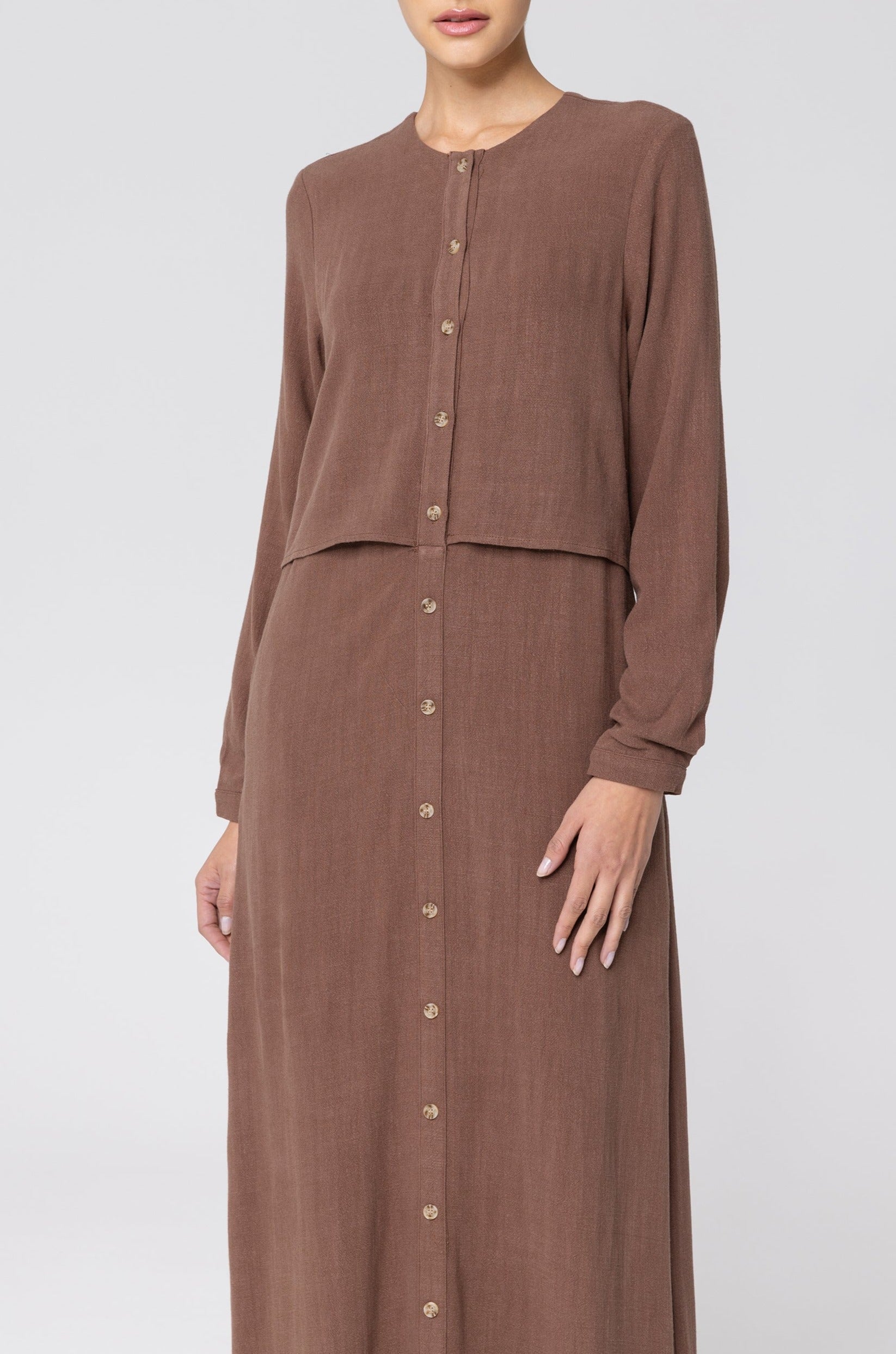 Sabah Cotton Linen Overlay Maxi Shirt Dress - Brown Veiled 