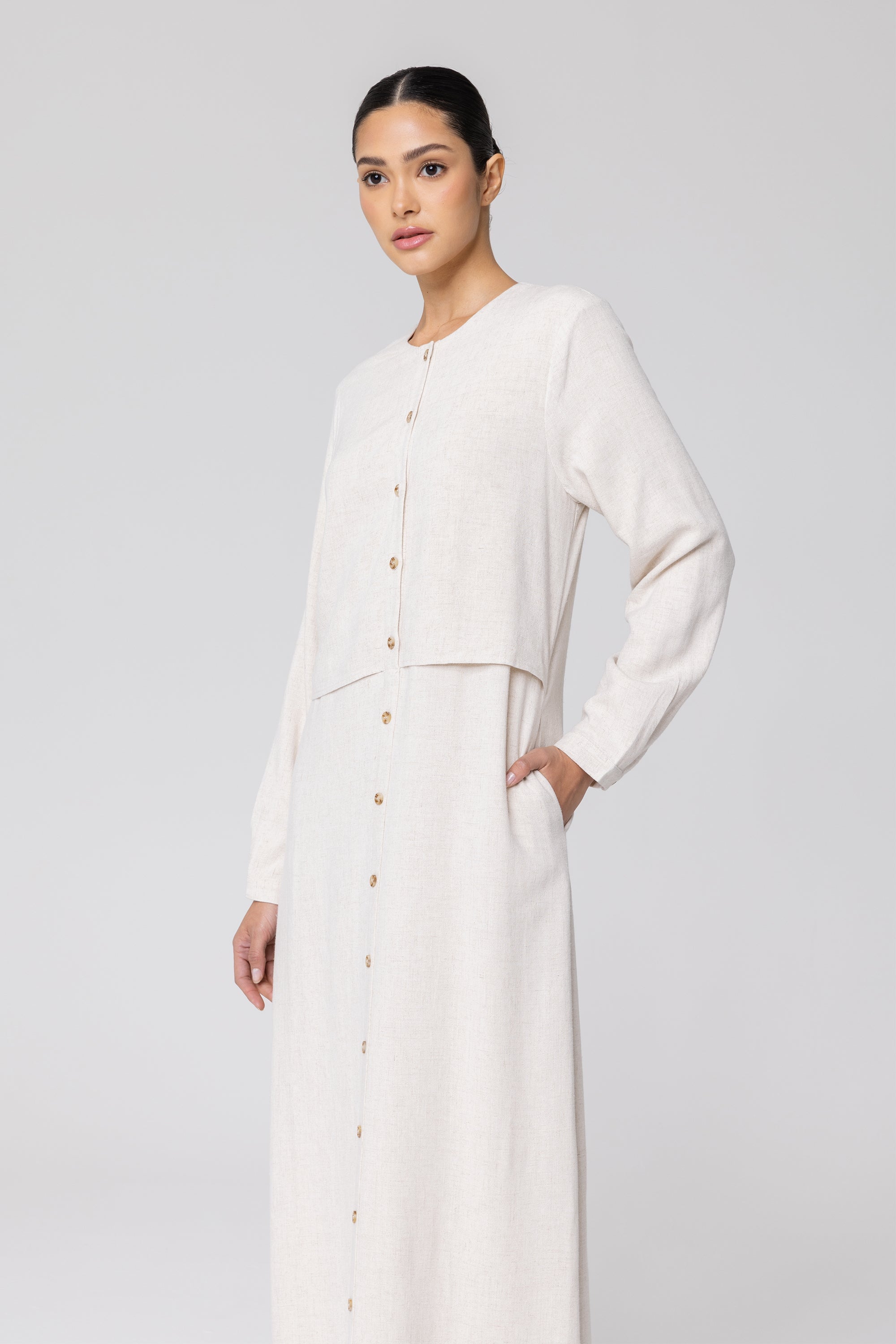 Sabah Cotton Linen Overlay Maxi Shirt Dress - Off White (Soft Grey) Veiled 