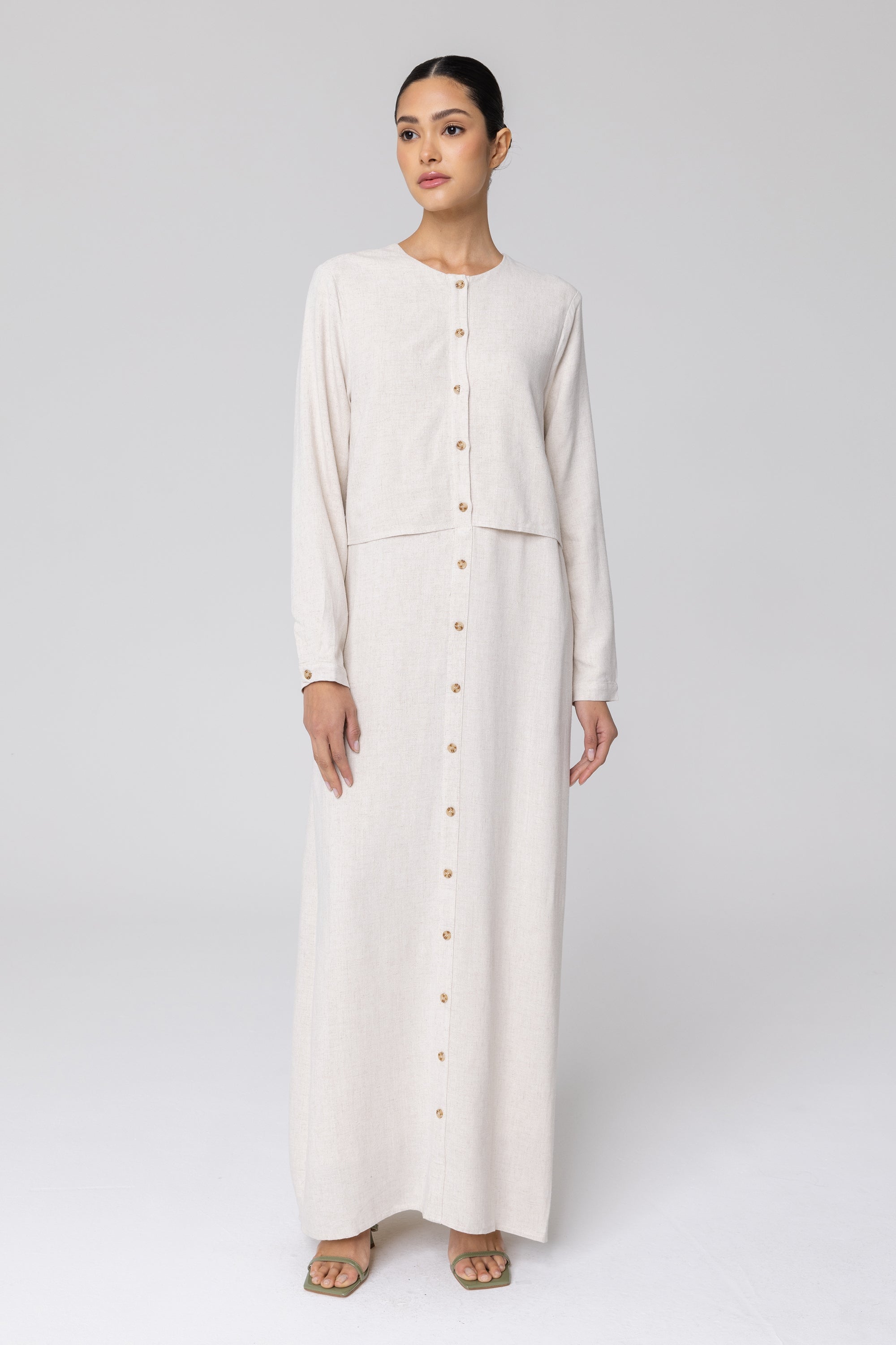 Sabah Cotton Linen Overlay Maxi Shirt Dress - Off White (Soft Grey) Veiled 