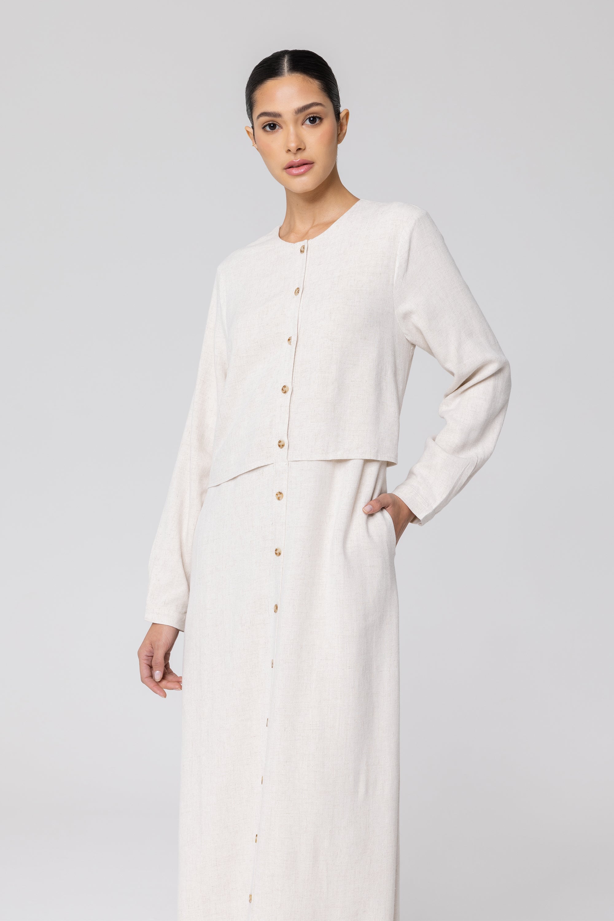 Sabah Cotton Linen Overlay Maxi Shirt Dress - Off White (Soft Grey) Veiled 